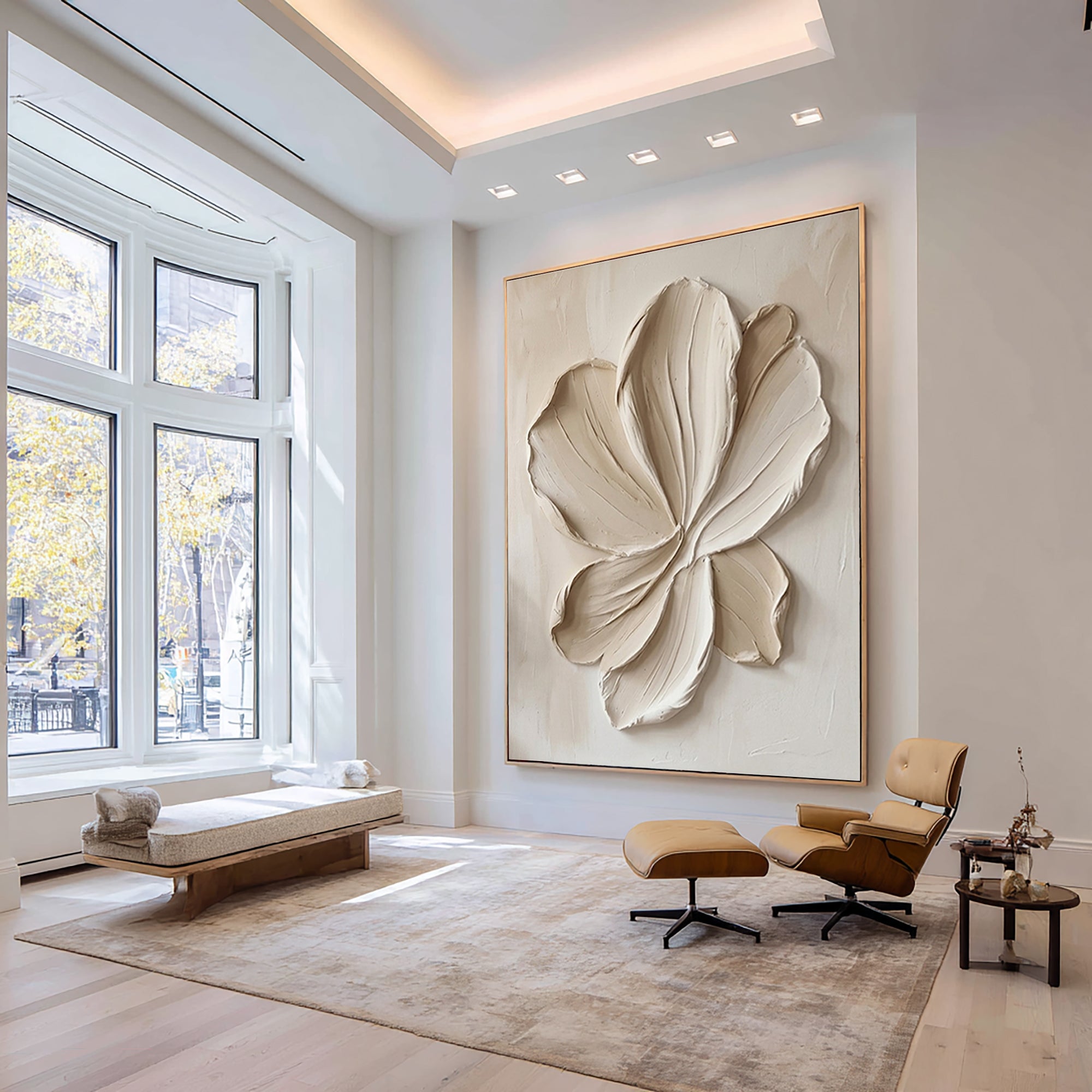 Large White Floral Relief Textured Canvas Art Organic Modern Wall Decor