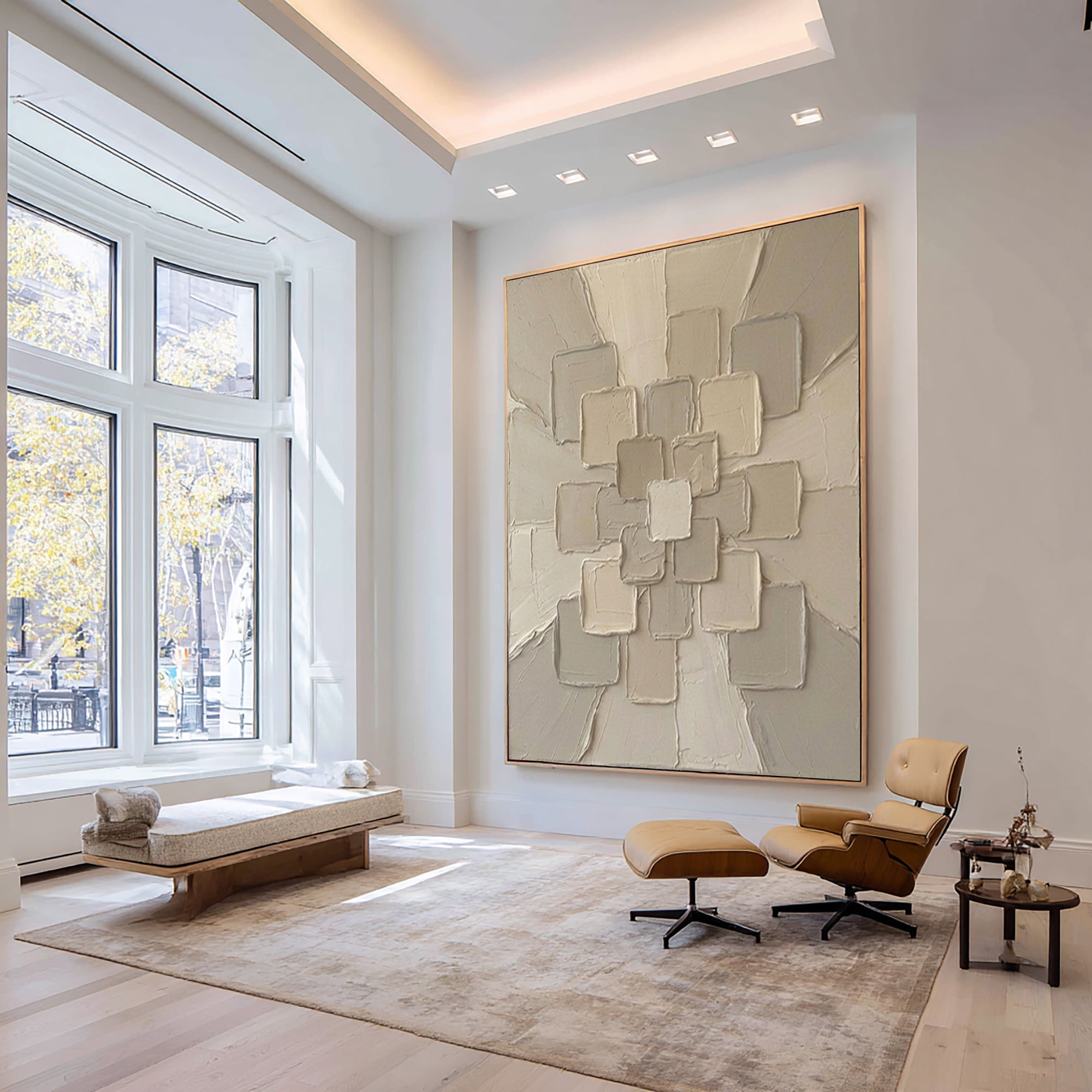 Large Neutral Geometric Textured Canvas Art Modern Sculptural Wall Decor