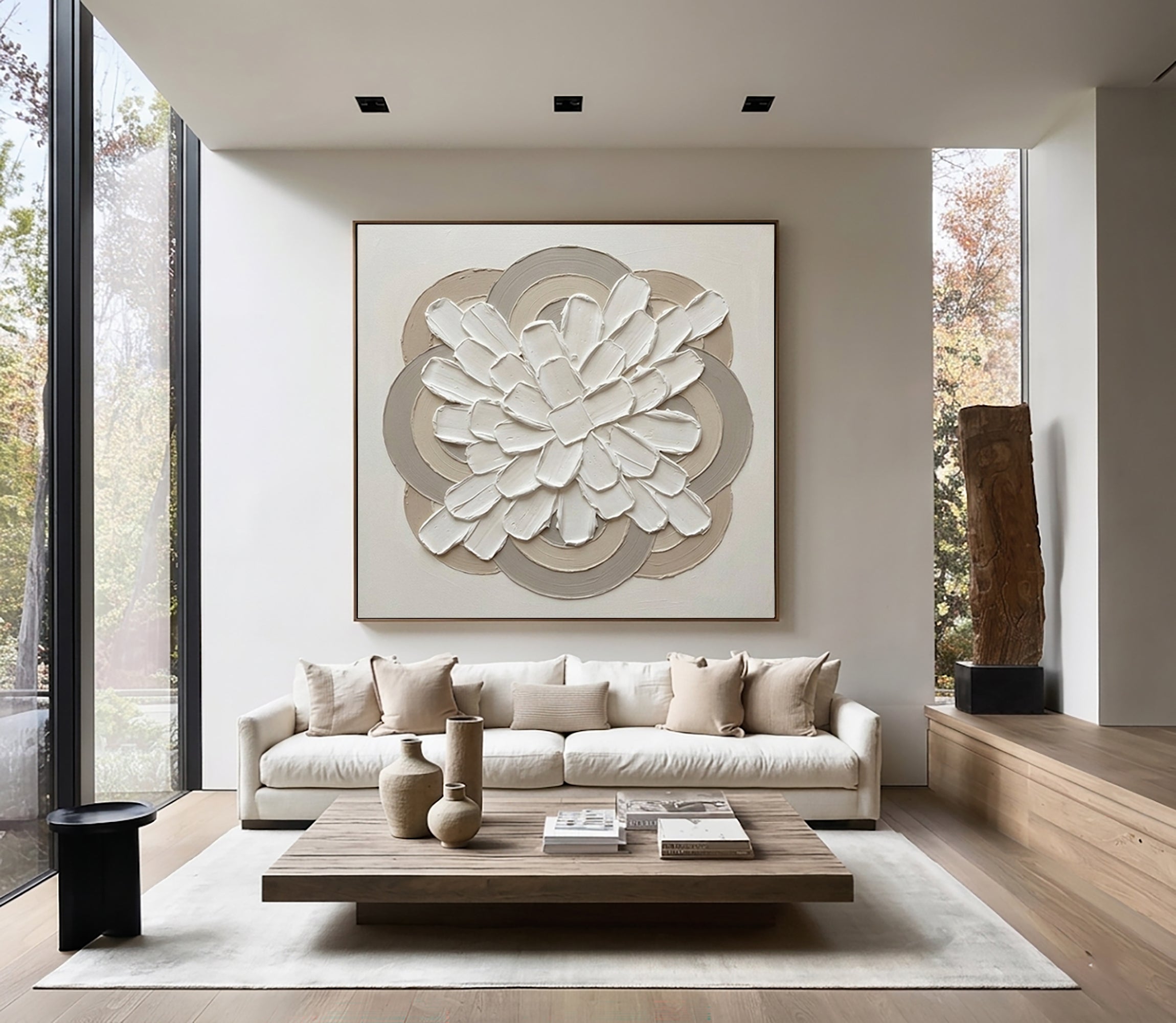 Large Modern Ring Floral Wall Art Contemporary Neutral Sculptural Canvas Painting