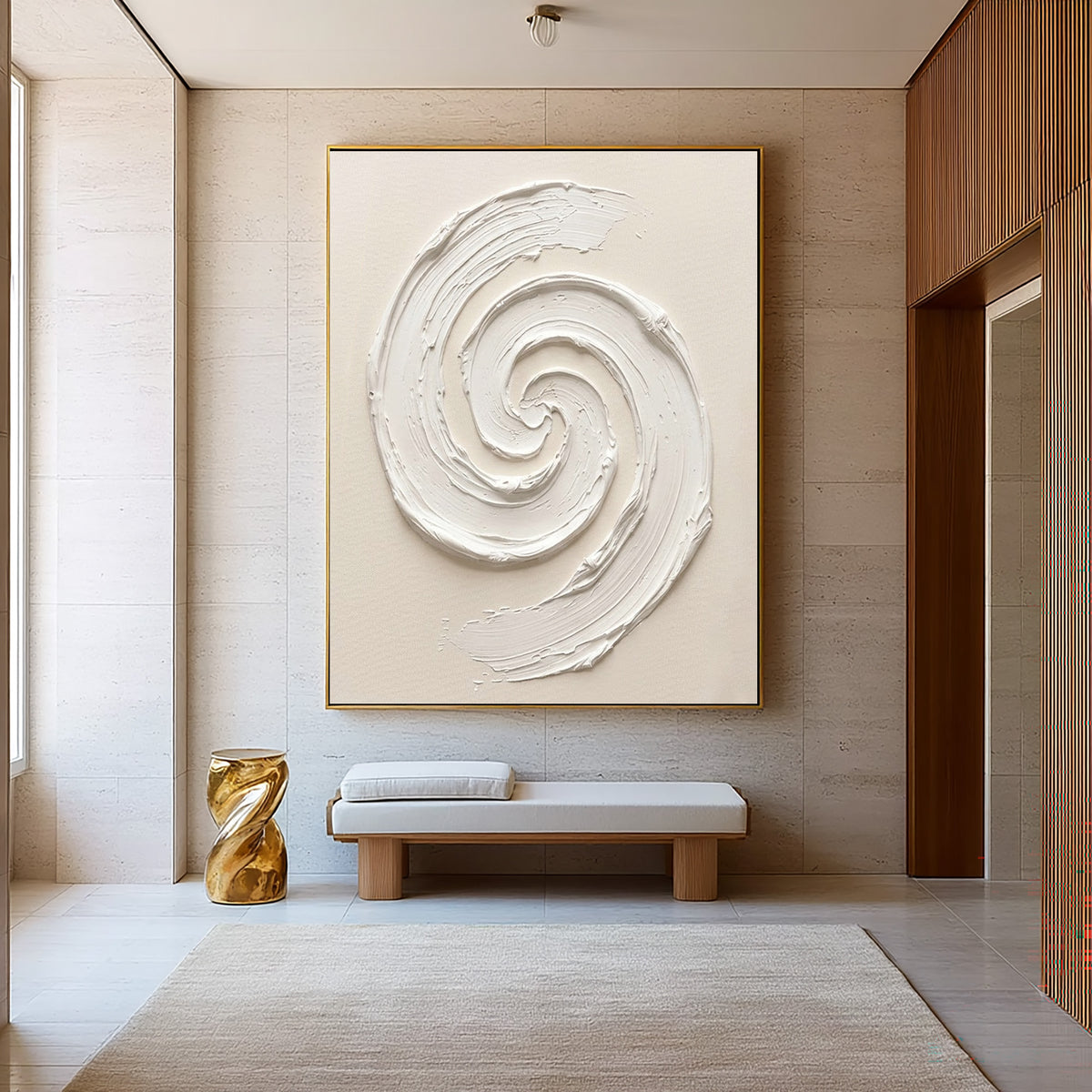 White Textured Abstract Spiral Oil Painting Large Minimalist Wall Art Handmade Impasto Artwork