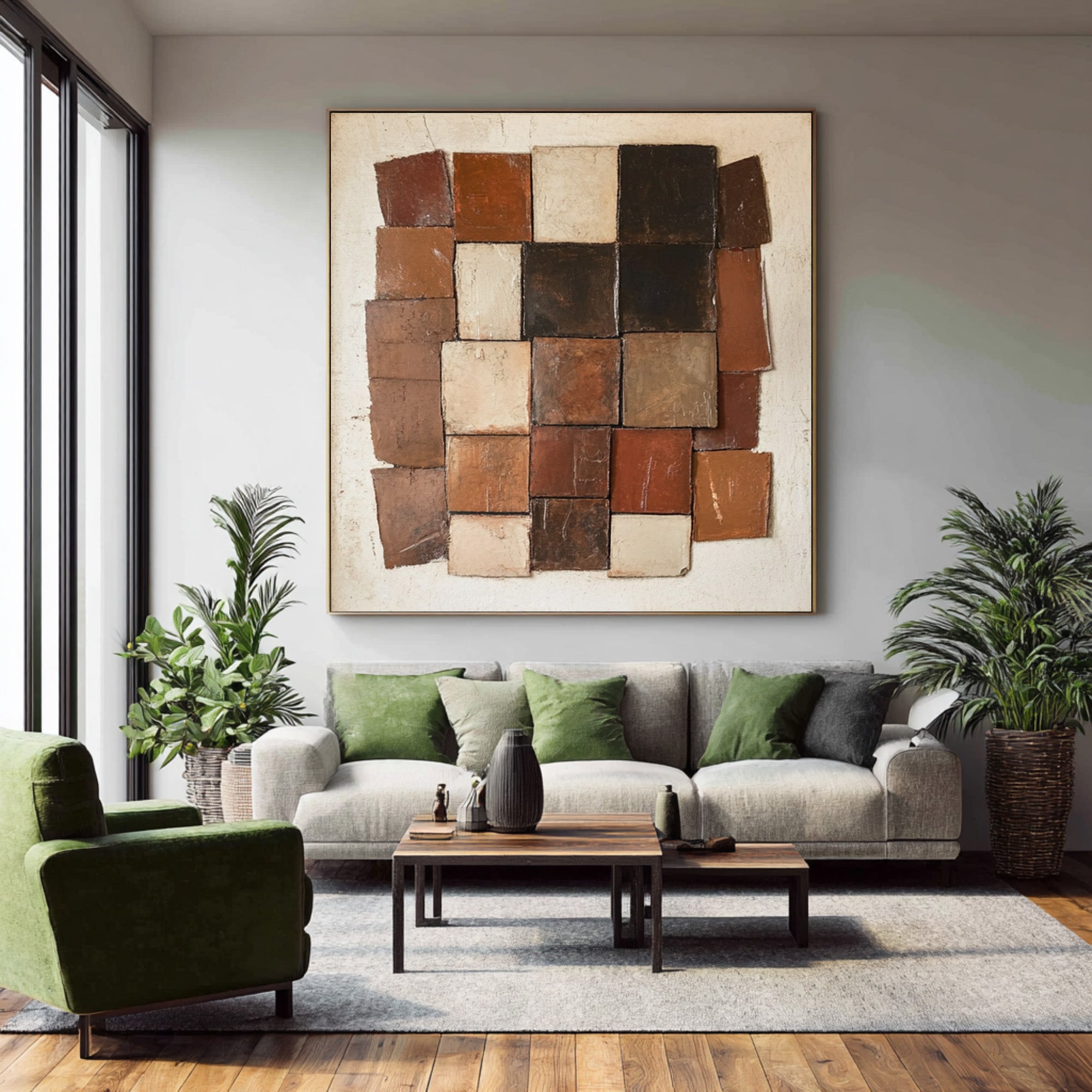Large Textured Abstract Oil Painting in Earth Tones, Geometric Modern Wall Art for Living Room #WAC 007