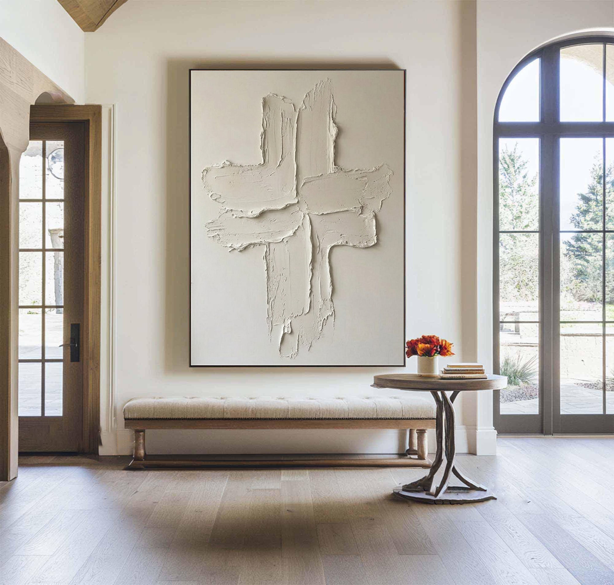 Large Minimalist Oil Painting with Raw Textured Cross Composition