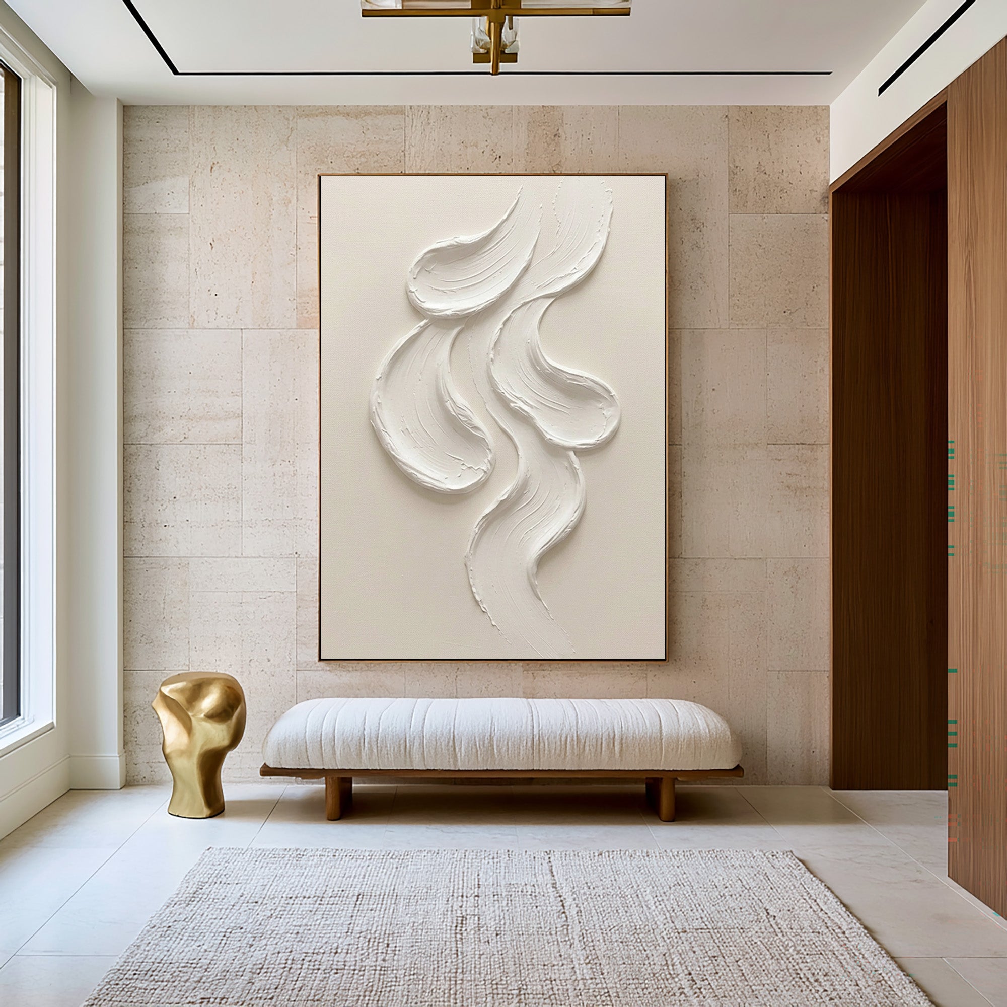 Large Abstract White Wall Art Textured Oil Painting Minimalist Sculptural Artwork Modern Neutral Contemporary Interior Decor