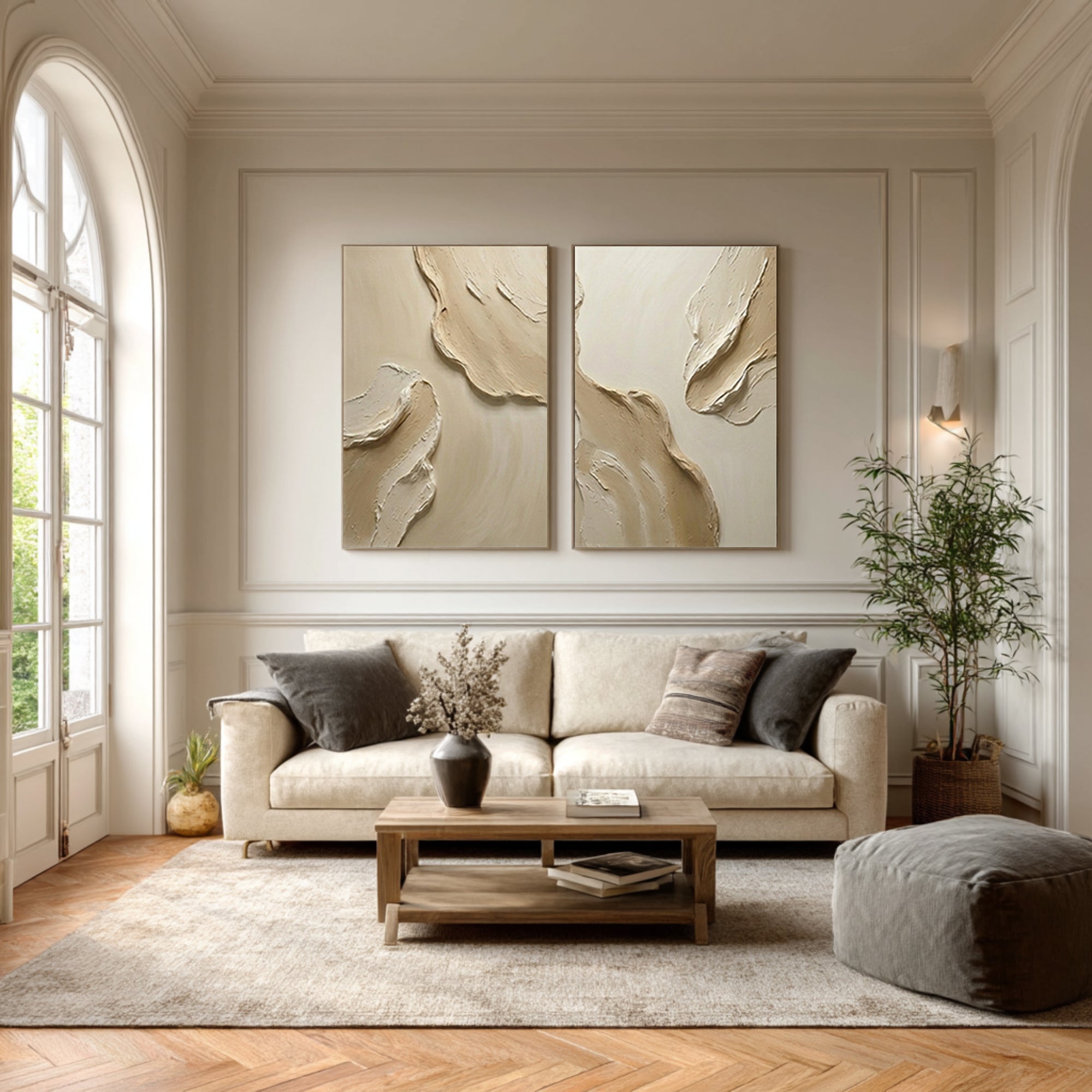 Large Contemporary Textured Wall Art Neutral Diptych Painting Set