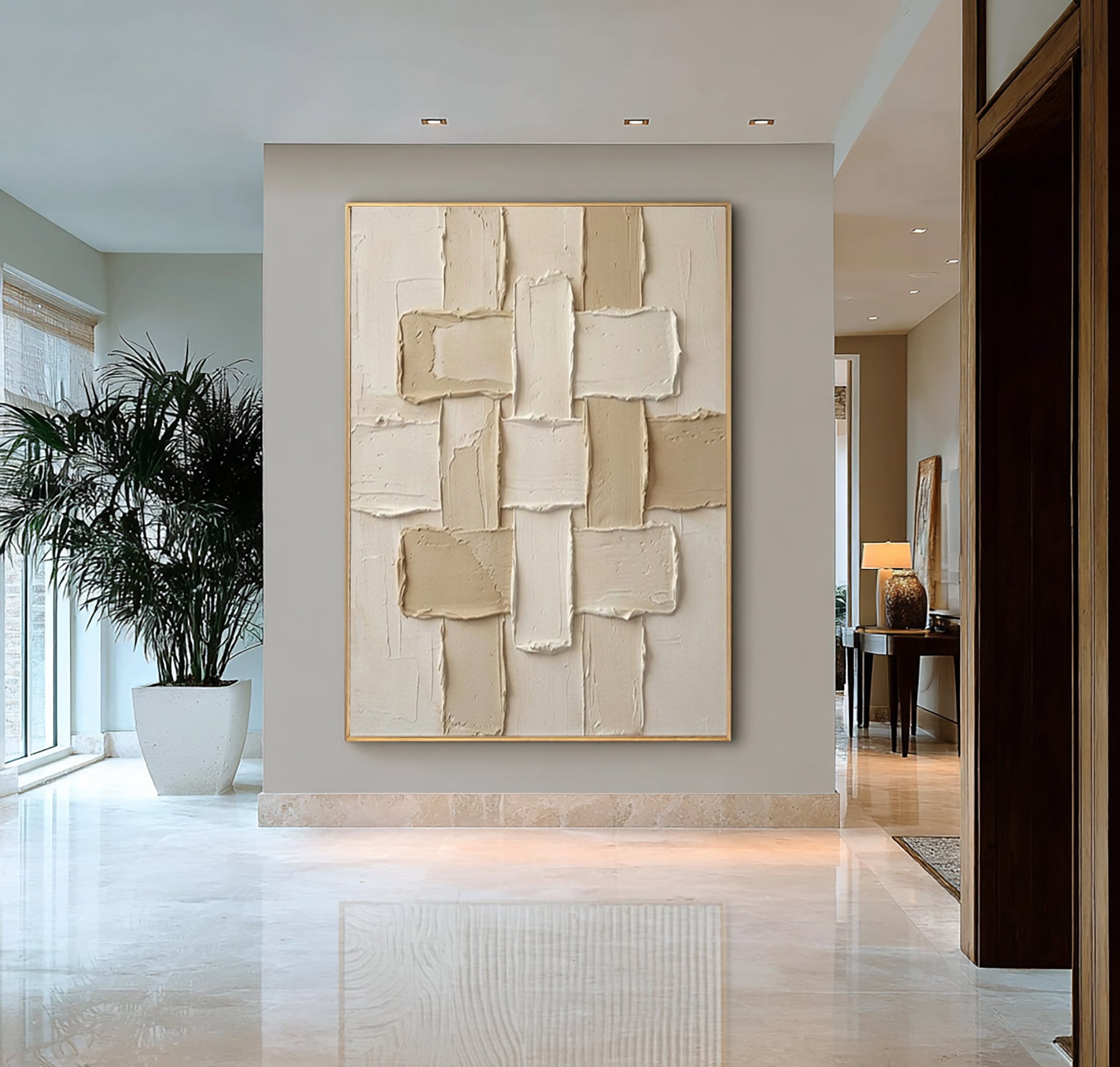 Large Woven Geometric Textured Canvas Art Neutral Beige Abstract Wall Decor