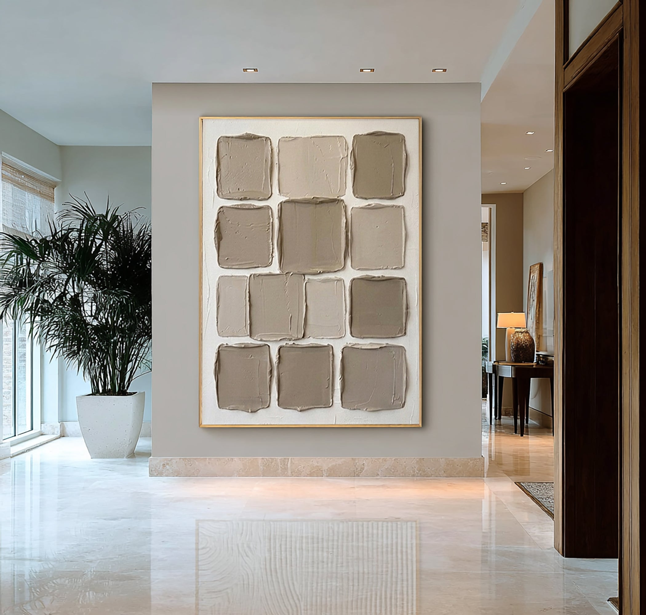 Large Neutral Grid Texture Oil Painting for Contemporary Interiors