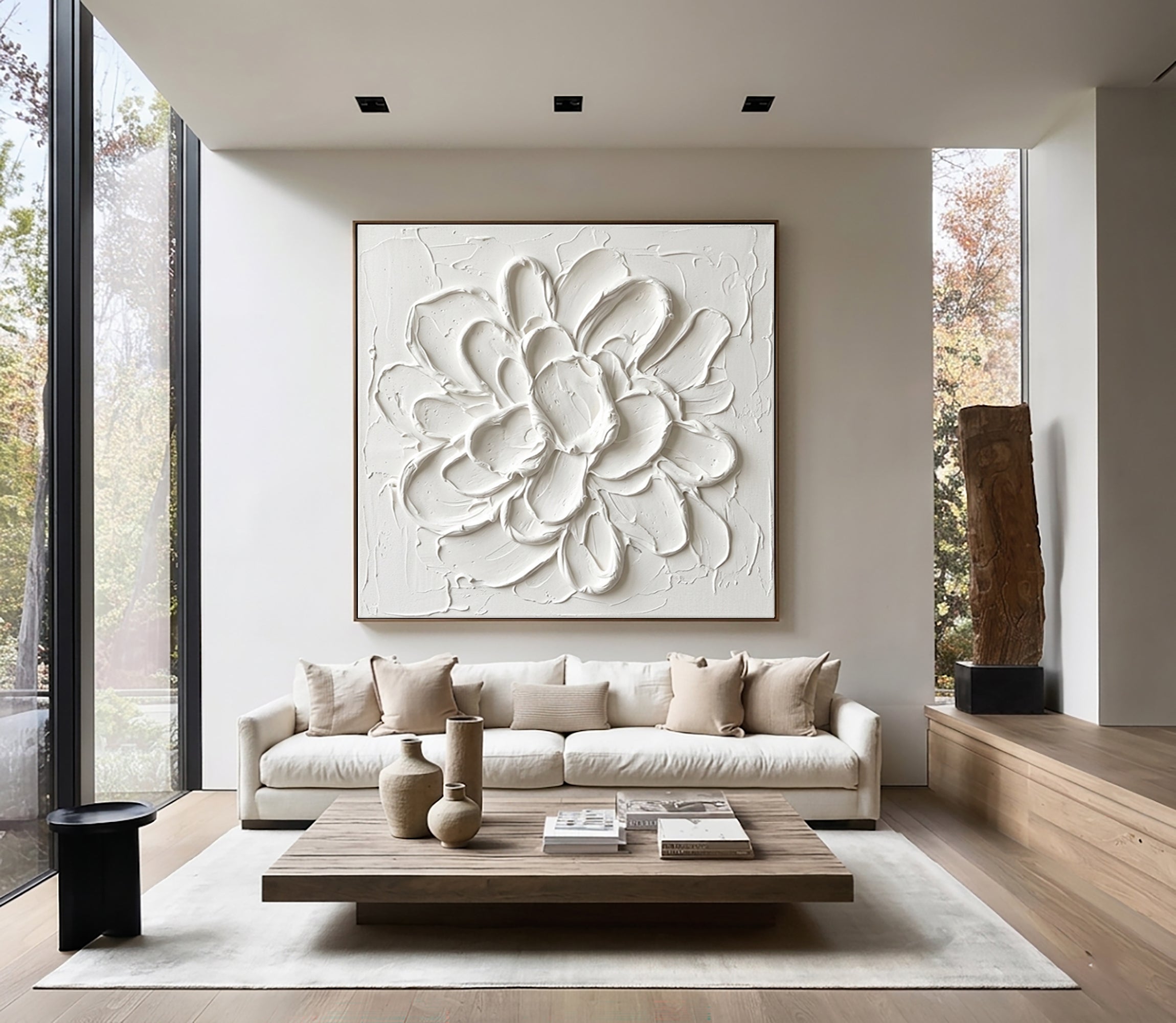 Large White Floral Textured Canvas Art Modern Sculptural Wall Decor