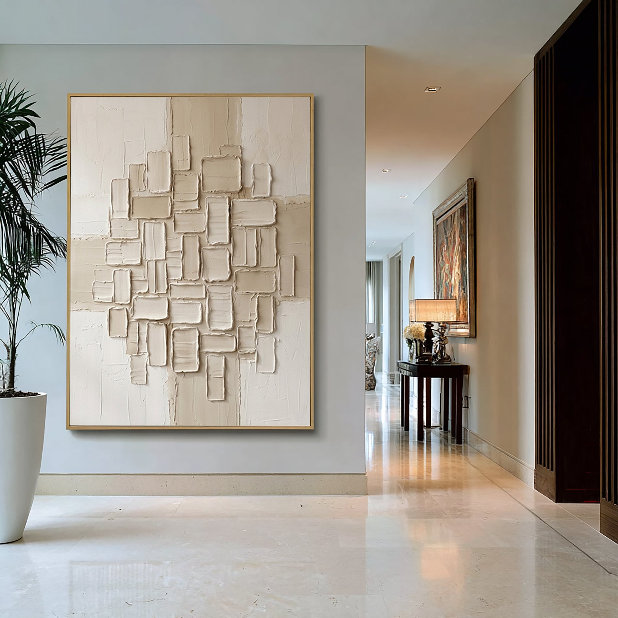 Large Textured Oil Painting with Geometric Relief Wall Art Design