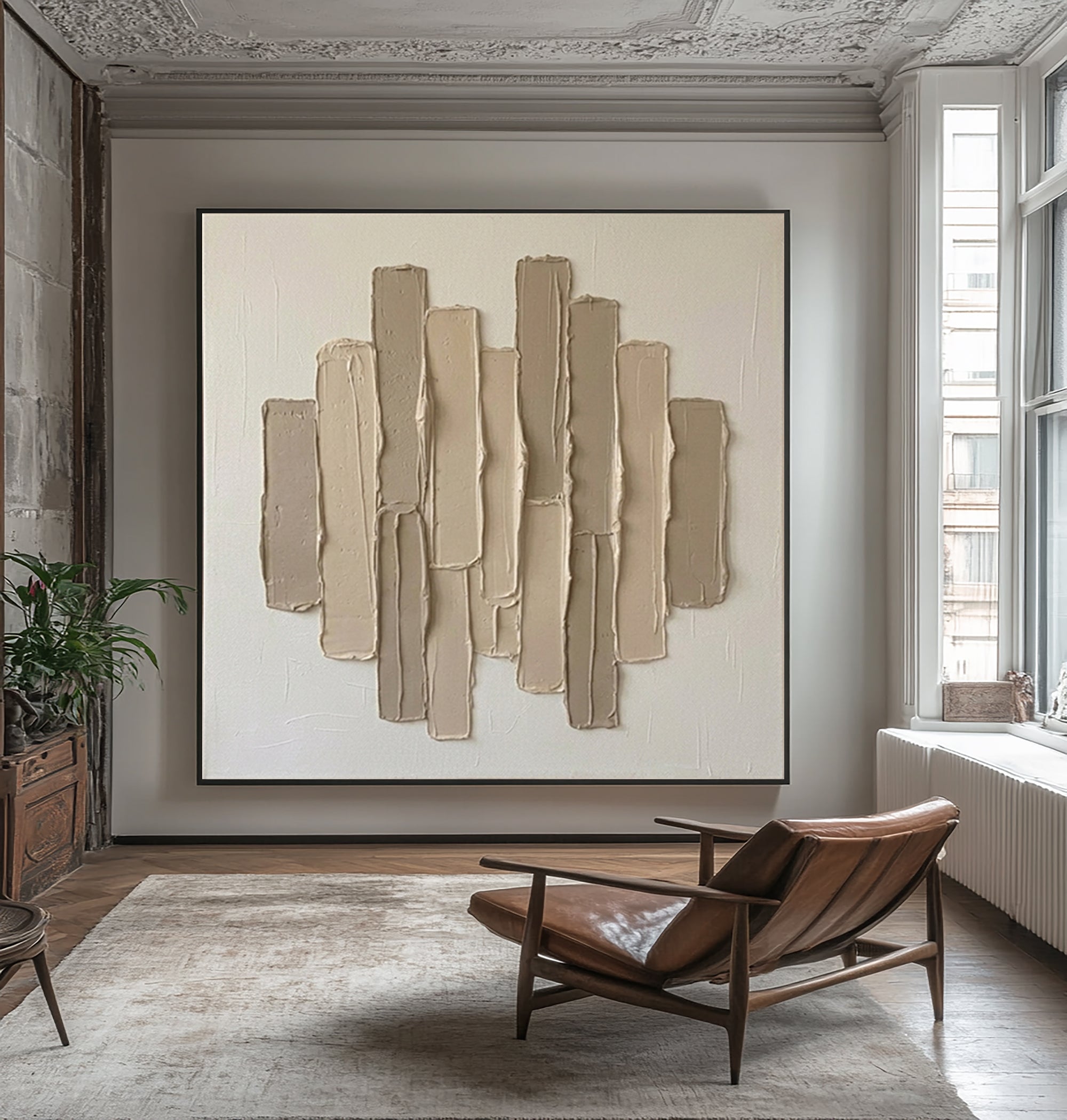 Large Linear Sculptural Wall Art Neutral Contemporary Hand Painted Texture Canvas