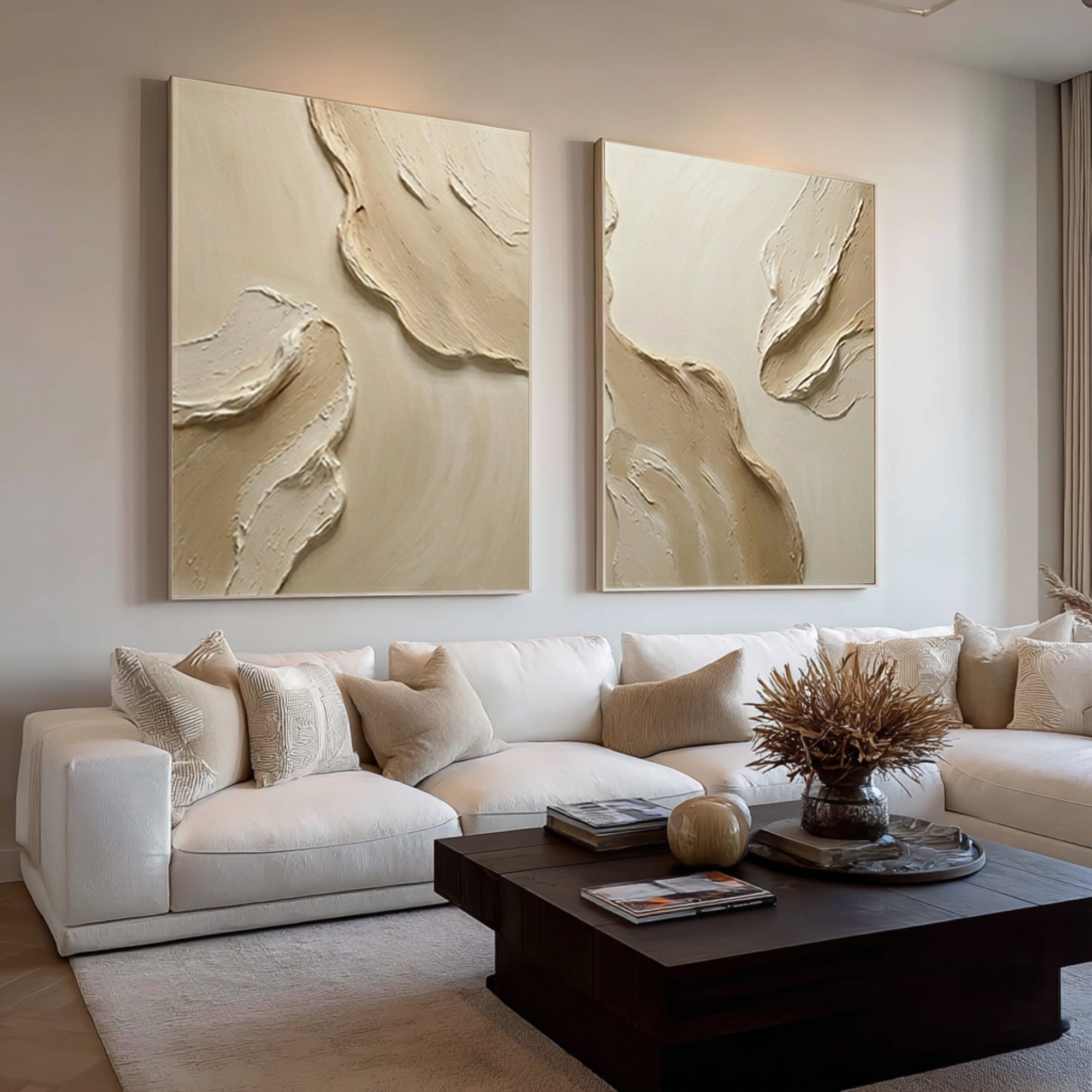 Large Contemporary Textured Wall Art Neutral Diptych Painting Set