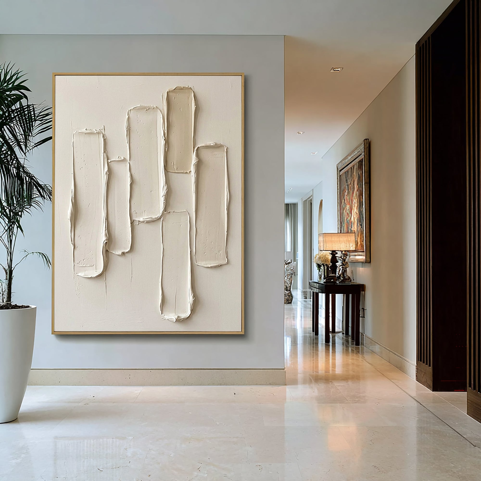Large Vertical Neutral Texture Painting for Modern Minimalist Interiors