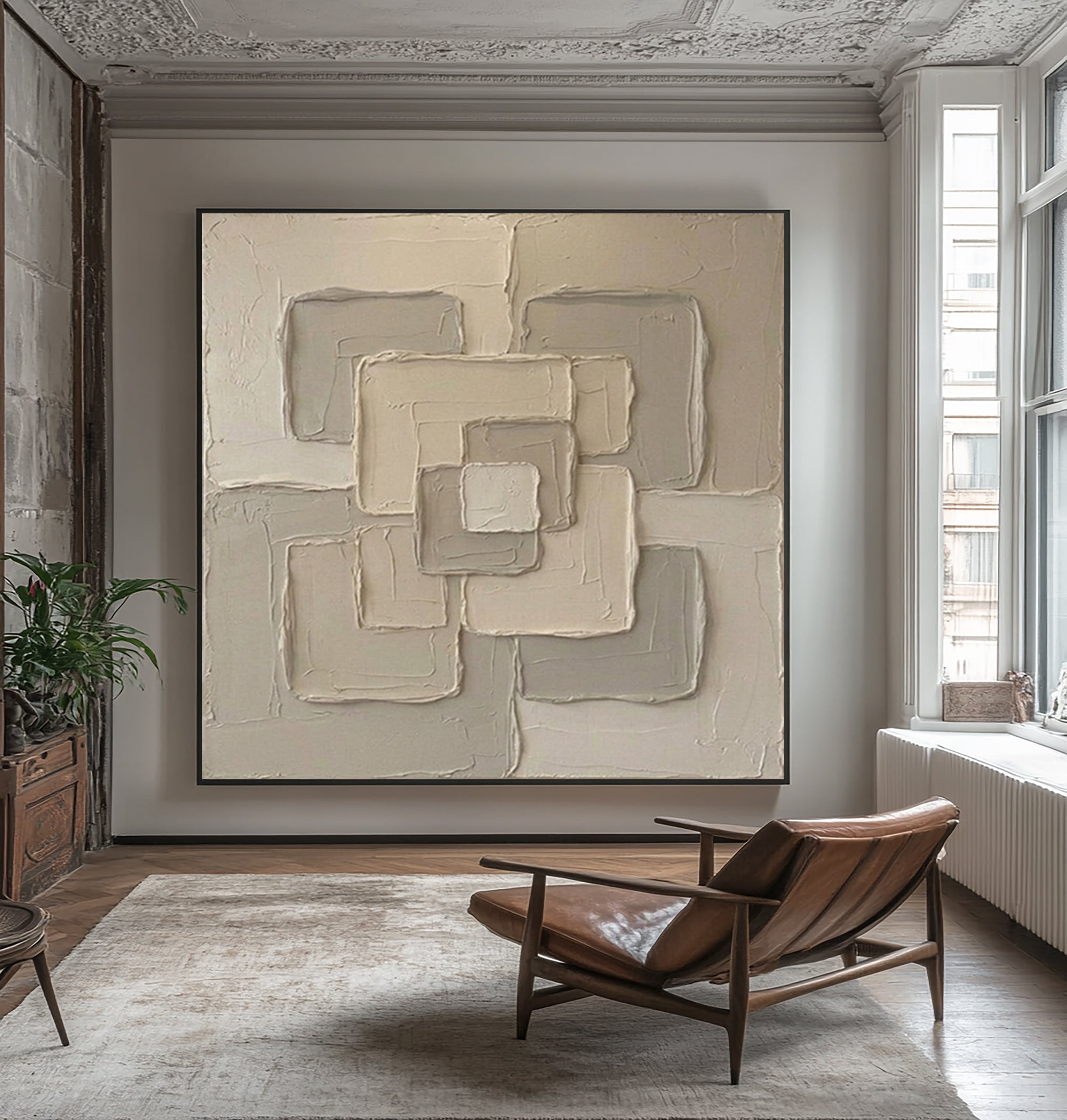 Large Connected Square Wall Art Contemporary Neutral Sculptural Canvas Painting