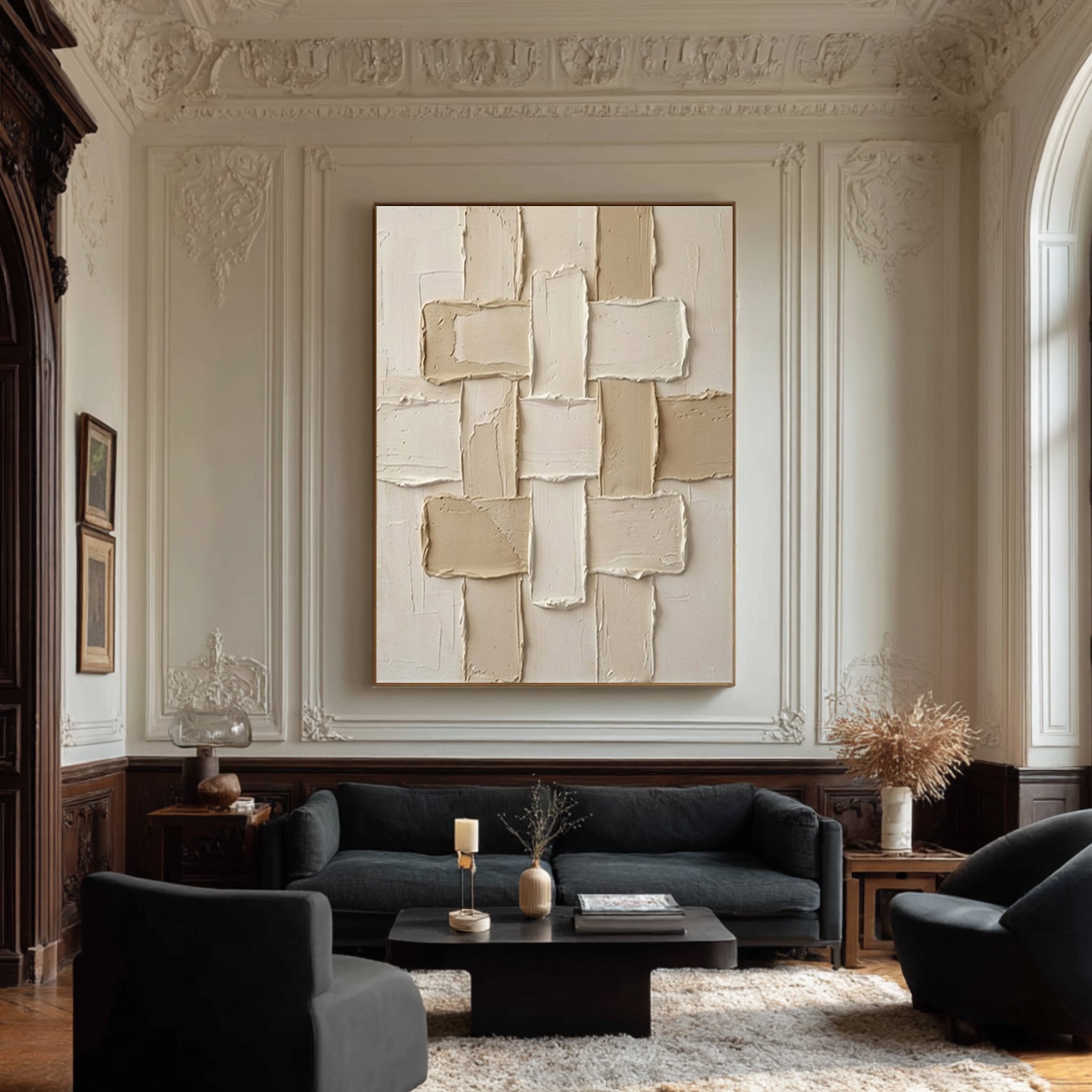 Large Woven Geometric Textured Canvas Art Neutral Beige Abstract Wall Decor