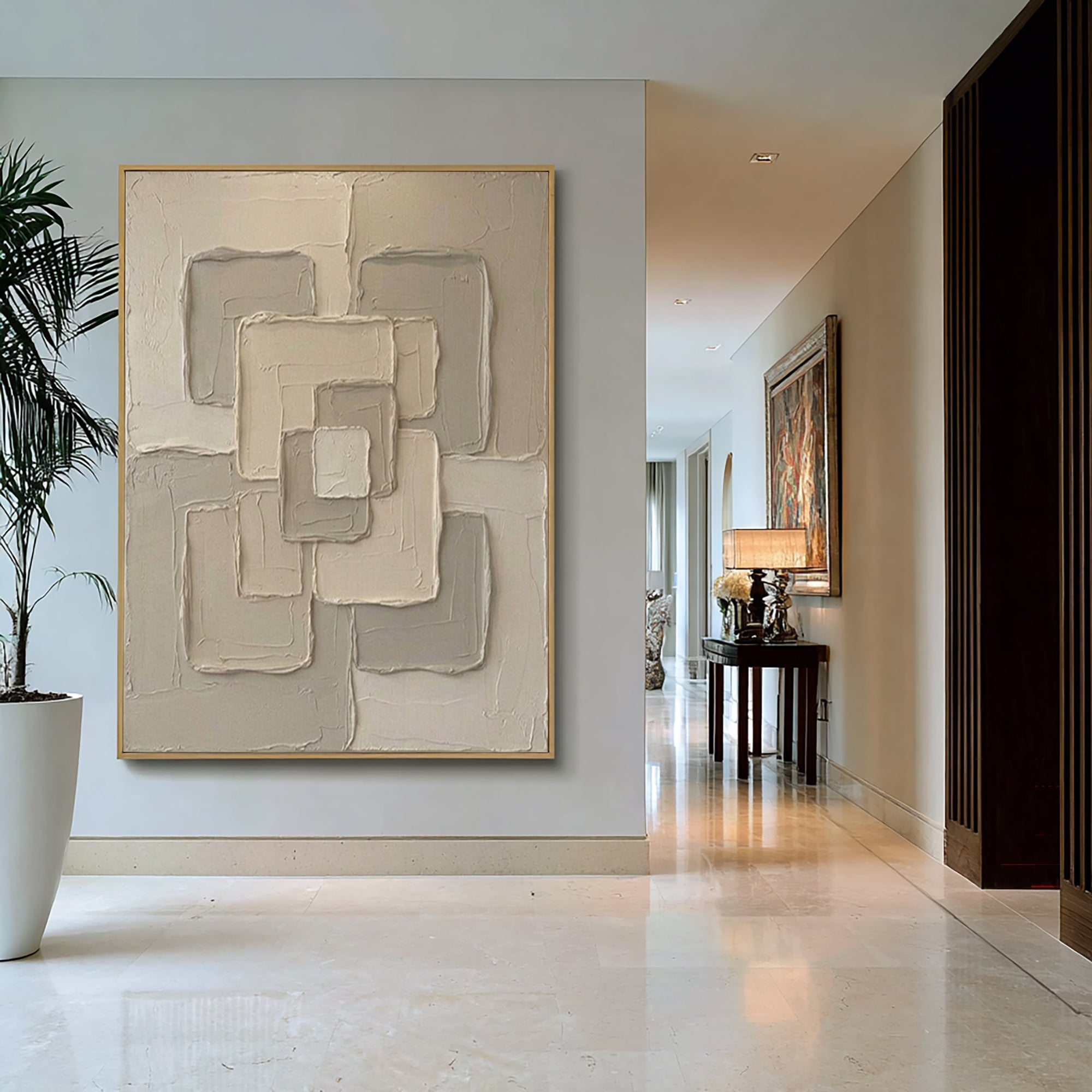 Large Neutral Geometric Textured Canvas Art Modern Abstract Wall Decor