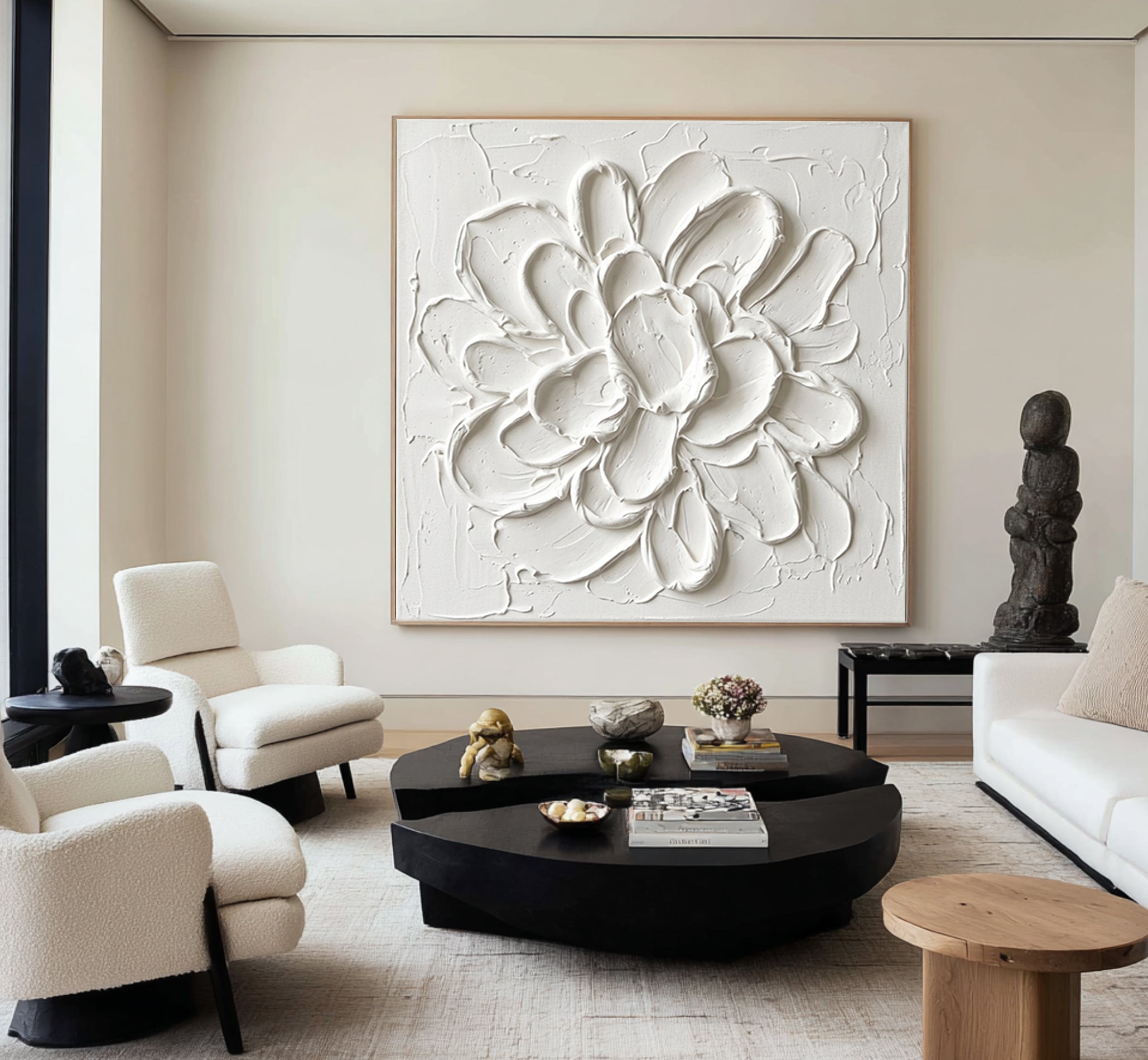 Large White Floral Textured Canvas Art Modern Sculptural Wall Decor