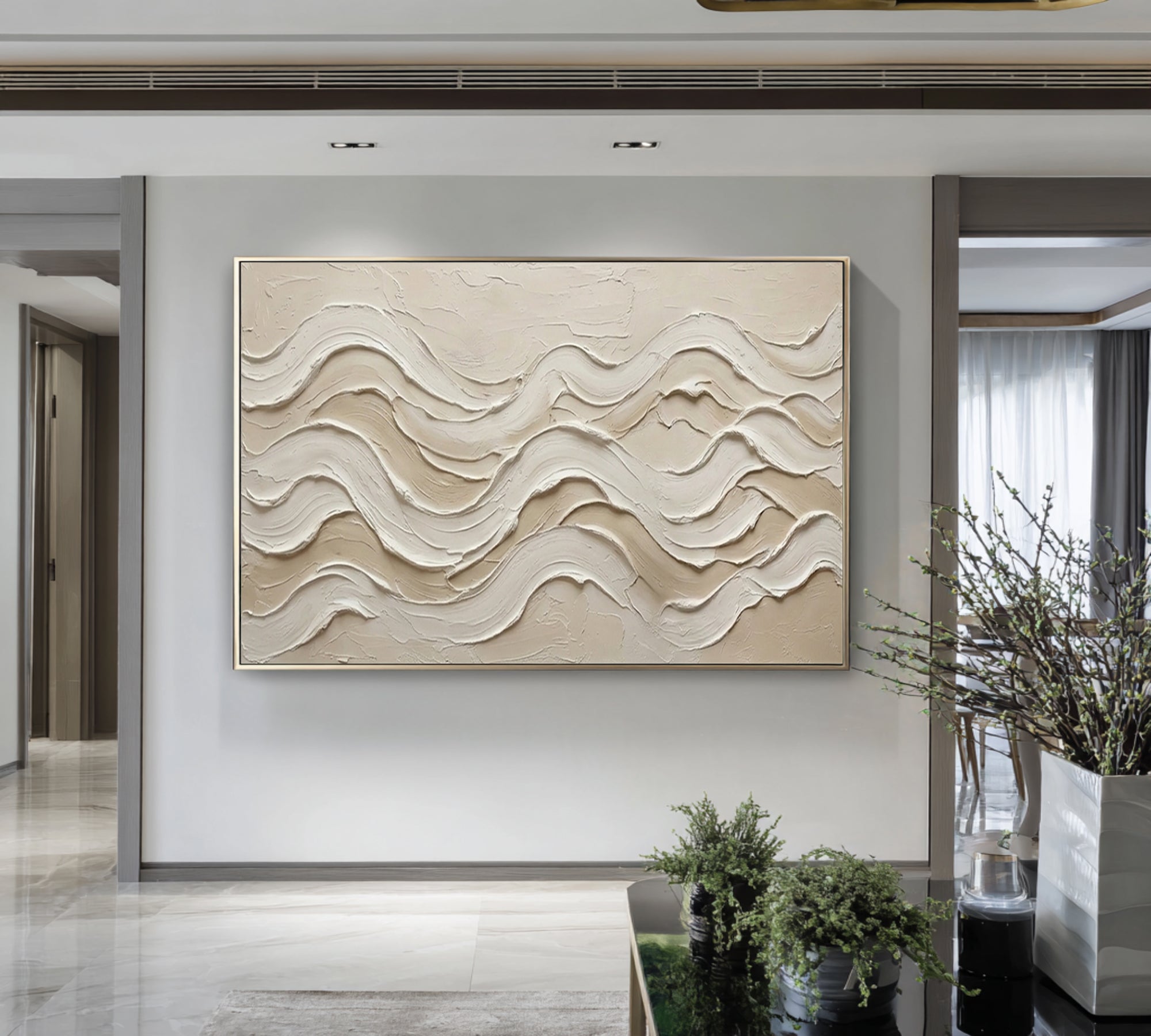 Large Textured Wave Painting Neutral Abstract Wall Art