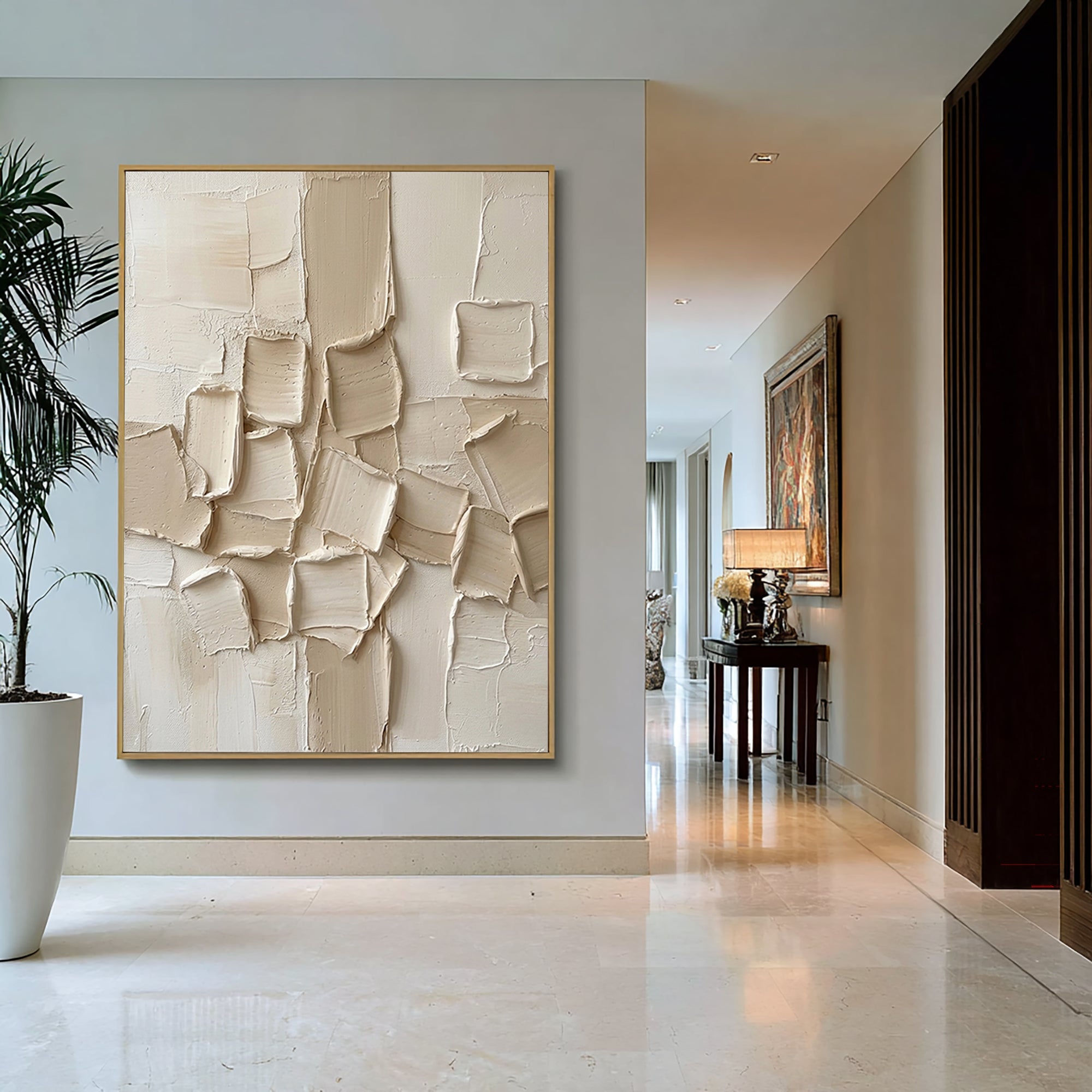 Large Hand-Painted Abstract Relief Painting in Neutral Cream Tones