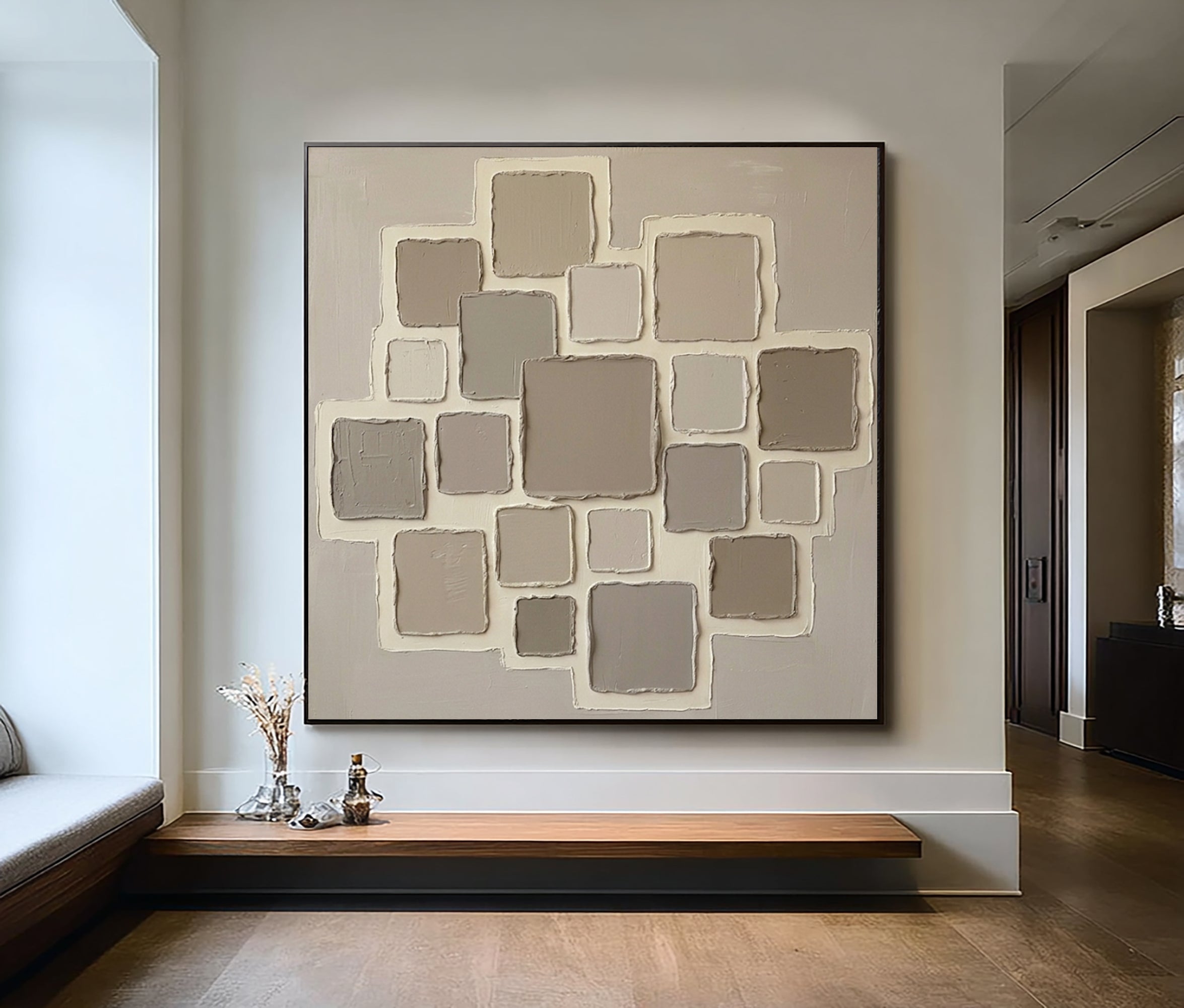 Large Neutral Geometric Oil Painting – Minimalist Beige Texture Wall Art