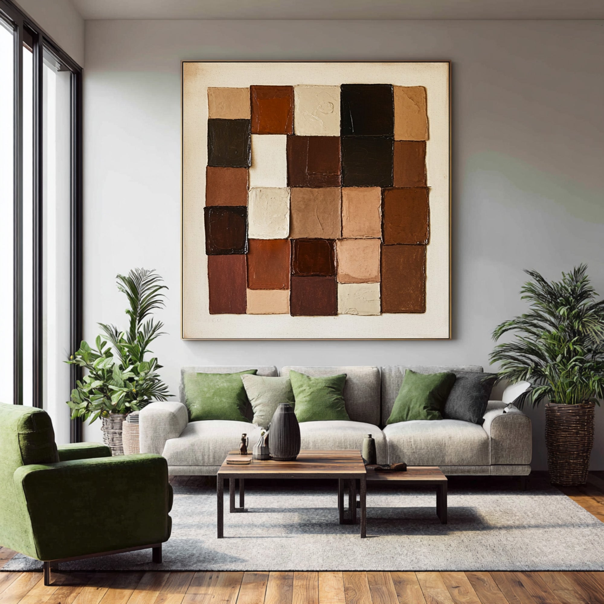 Large Geometric Block Abstract Oil Painting, Earth Tone Wall Art for Modern Entryway Decor #WAC 010