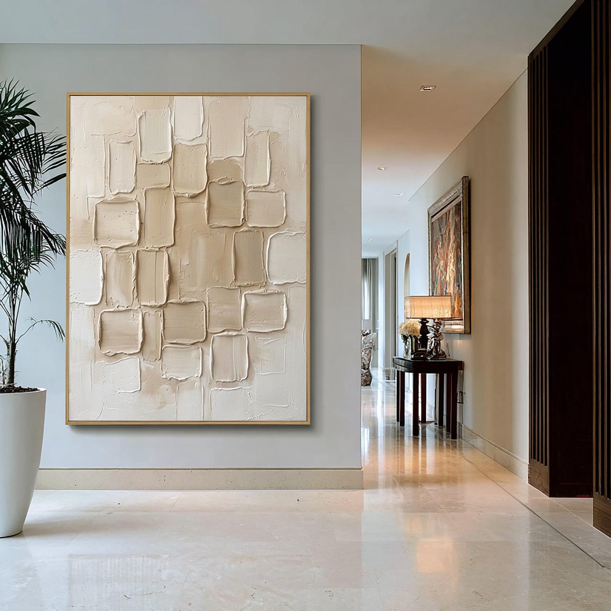 Large Mosaic Relief Textured Canvas Art Contemporary Neutral Wall Decor