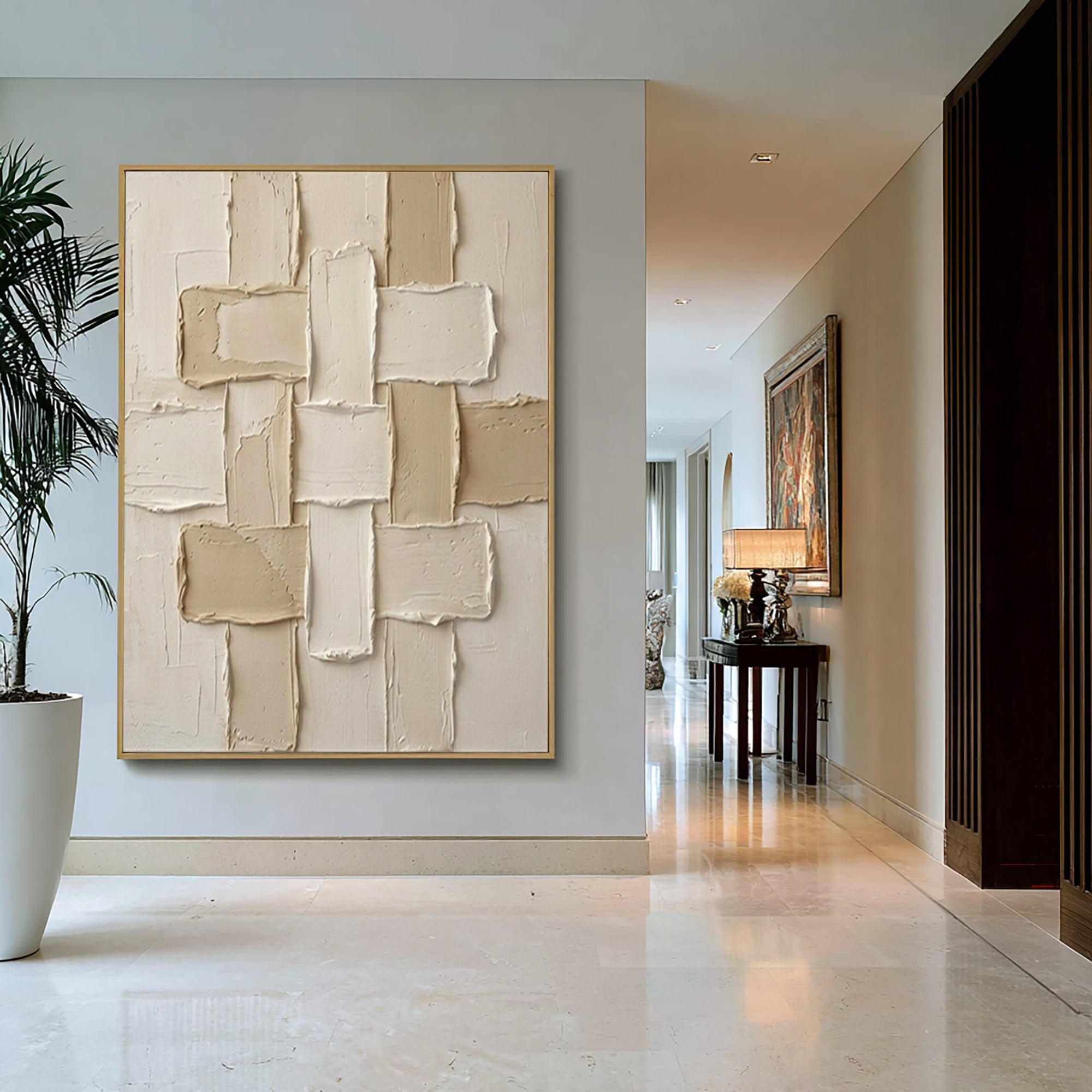 Large Woven Geometric Textured Canvas Art Neutral Beige Abstract Wall Decor