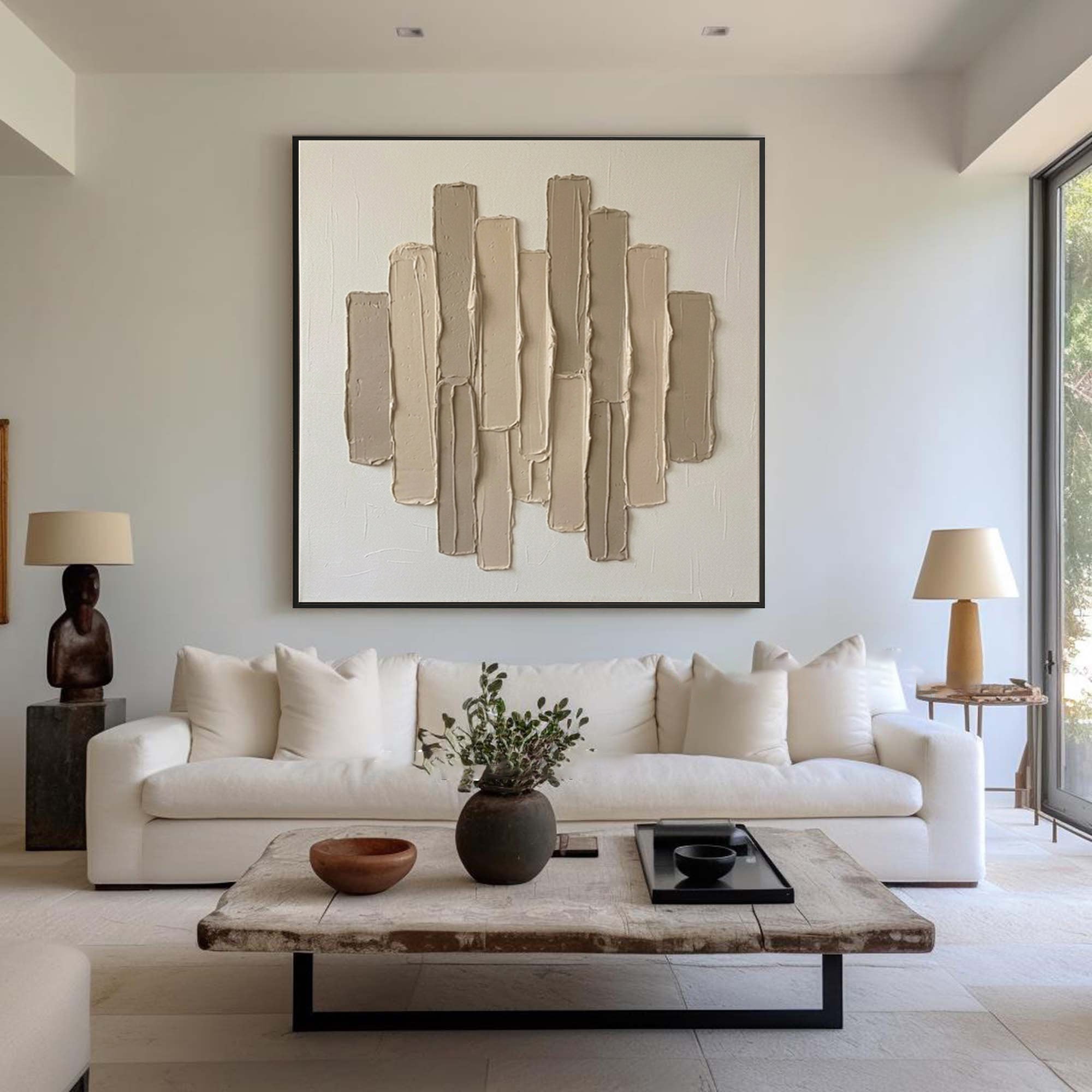 Large Linear Sculptural Wall Art Neutral Contemporary Hand Painted Texture Canvas