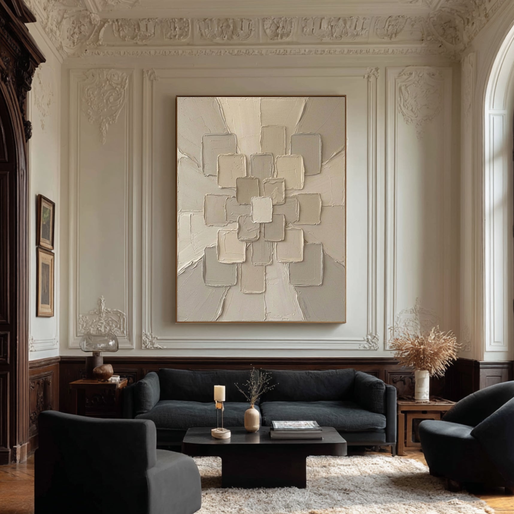 Large Neutral Geometric Textured Canvas Art Modern Sculptural Wall Decor