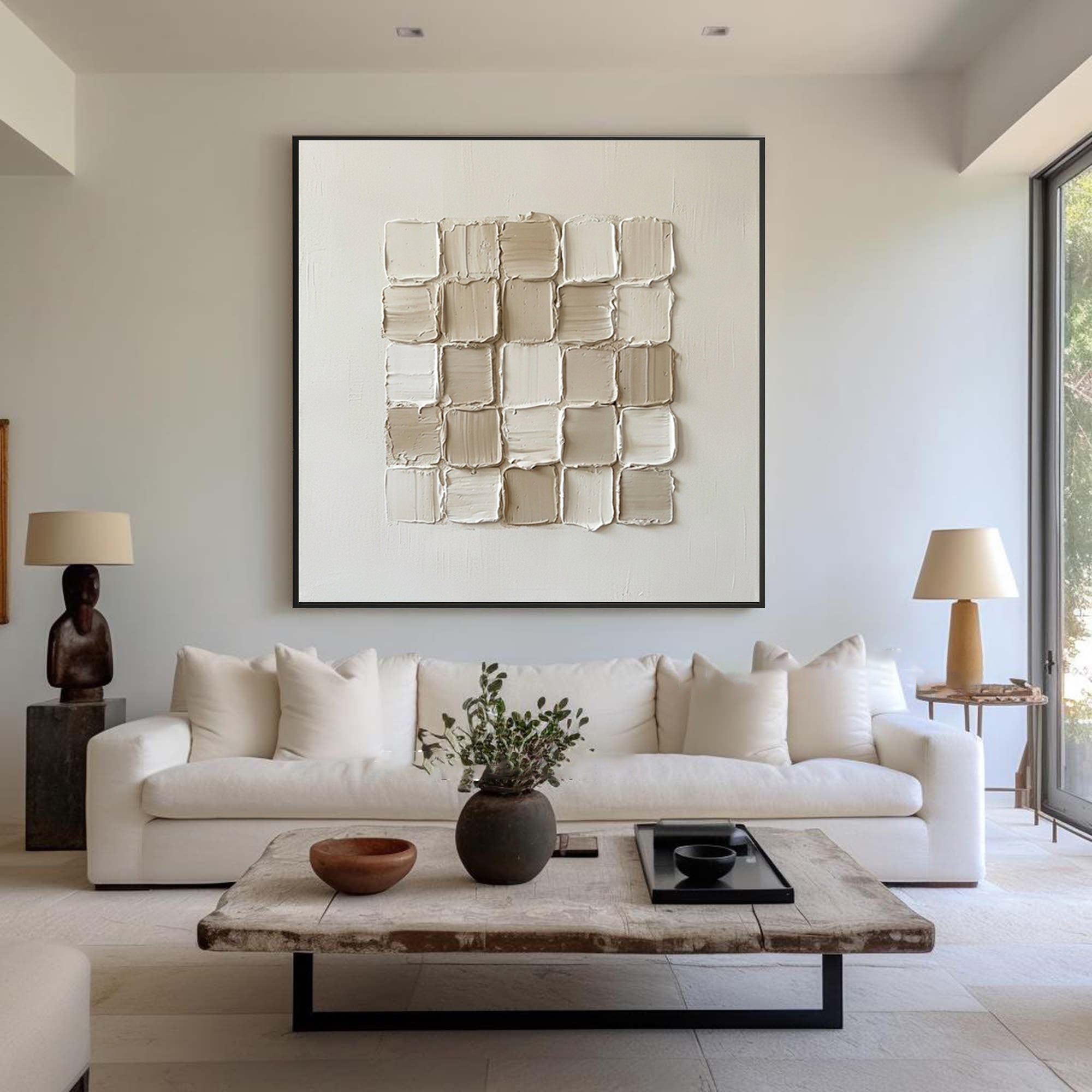Large Geometric Textured Wall Art Contemporary Neutral Grid Canvas Painting