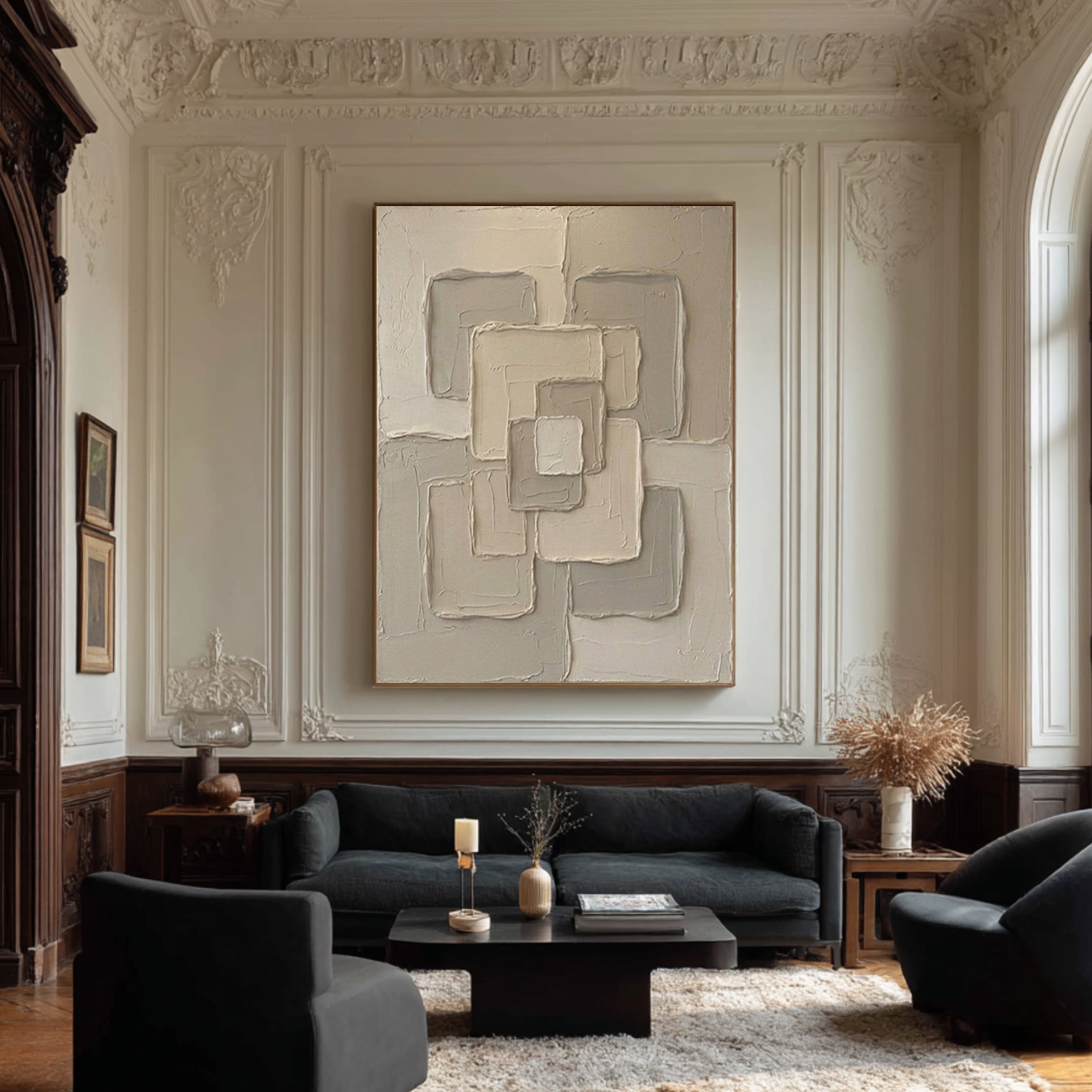 Large Neutral Geometric Textured Canvas Art Modern Abstract Wall Decor