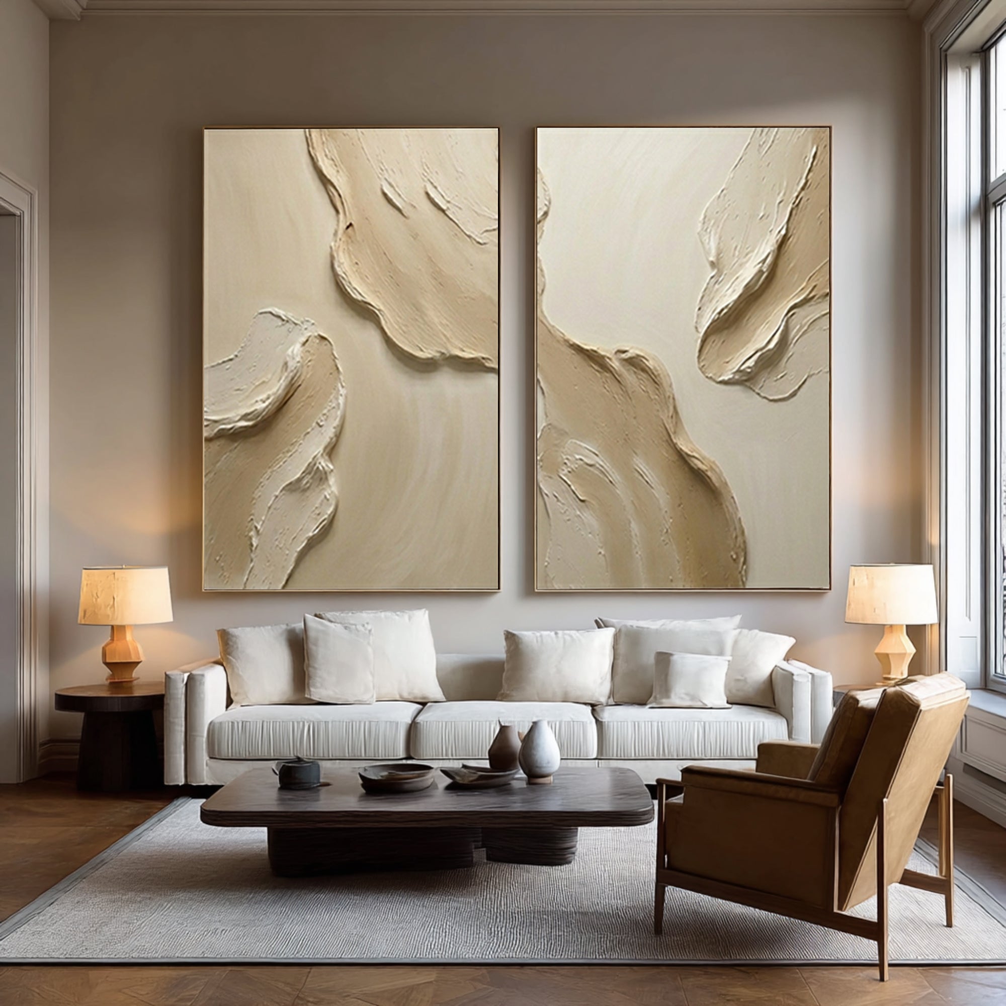 Large Contemporary Textured Wall Art Neutral Diptych Painting Set
