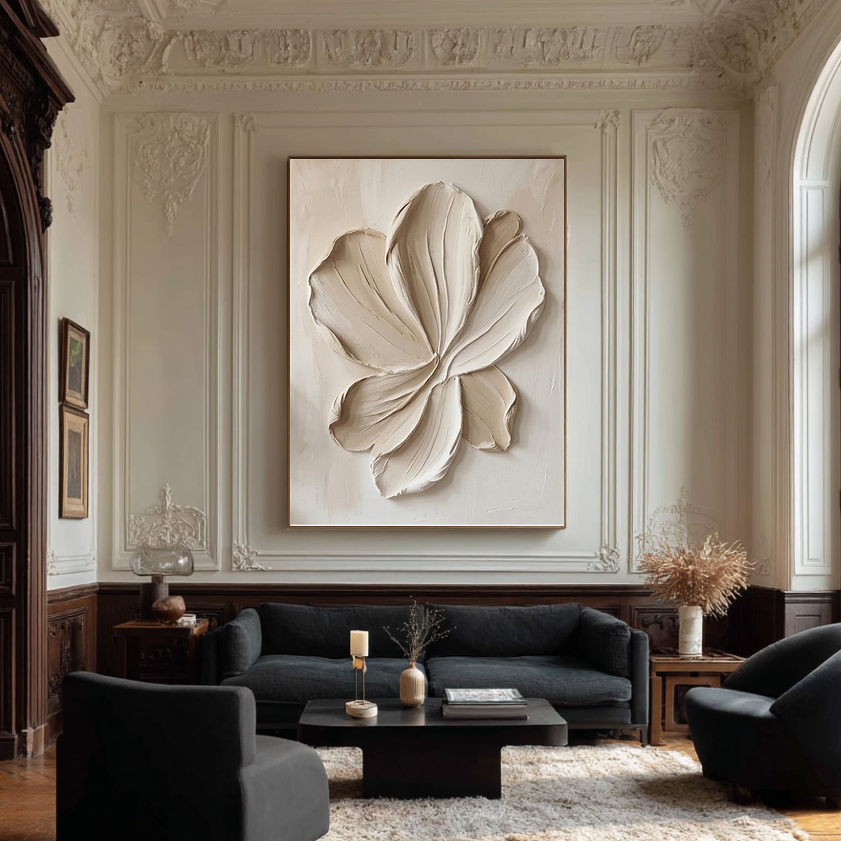 Large White Floral Relief Textured Canvas Art Organic Modern Wall Decor