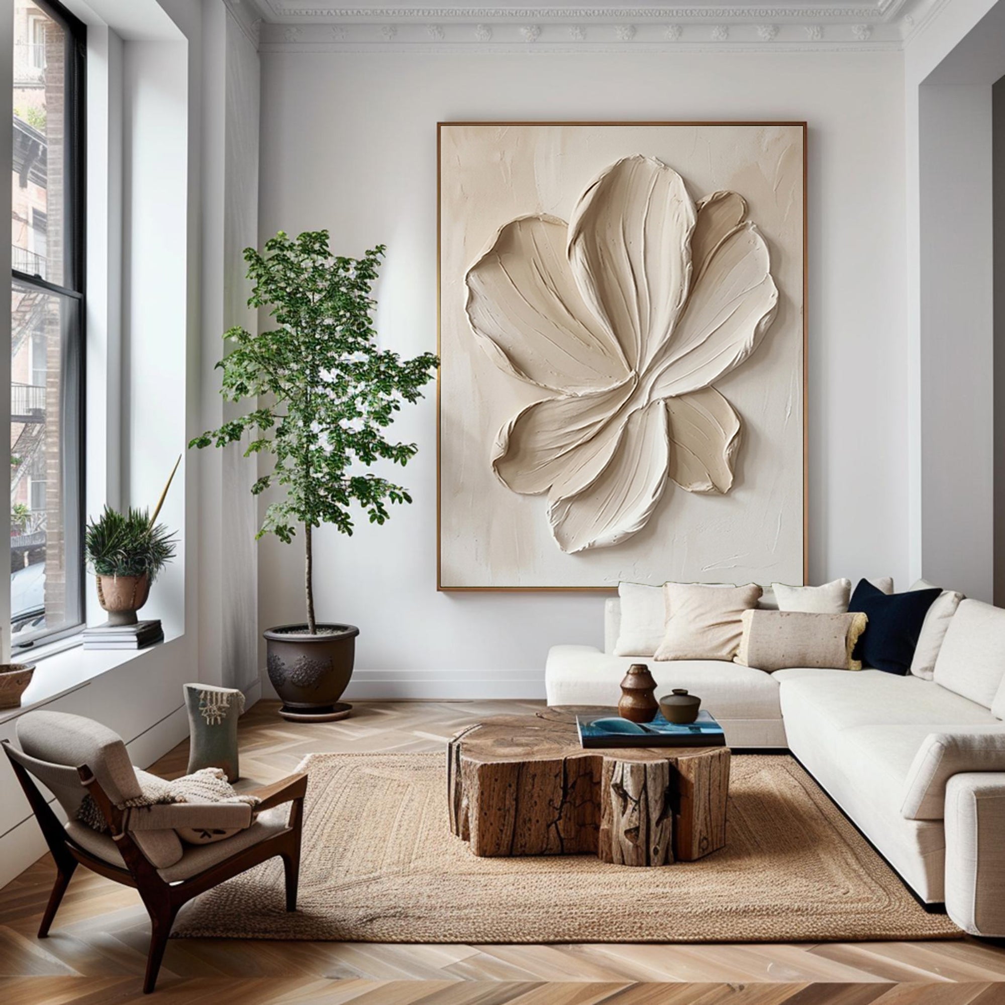 Large White Floral Relief Textured Canvas Art Organic Modern Wall Decor