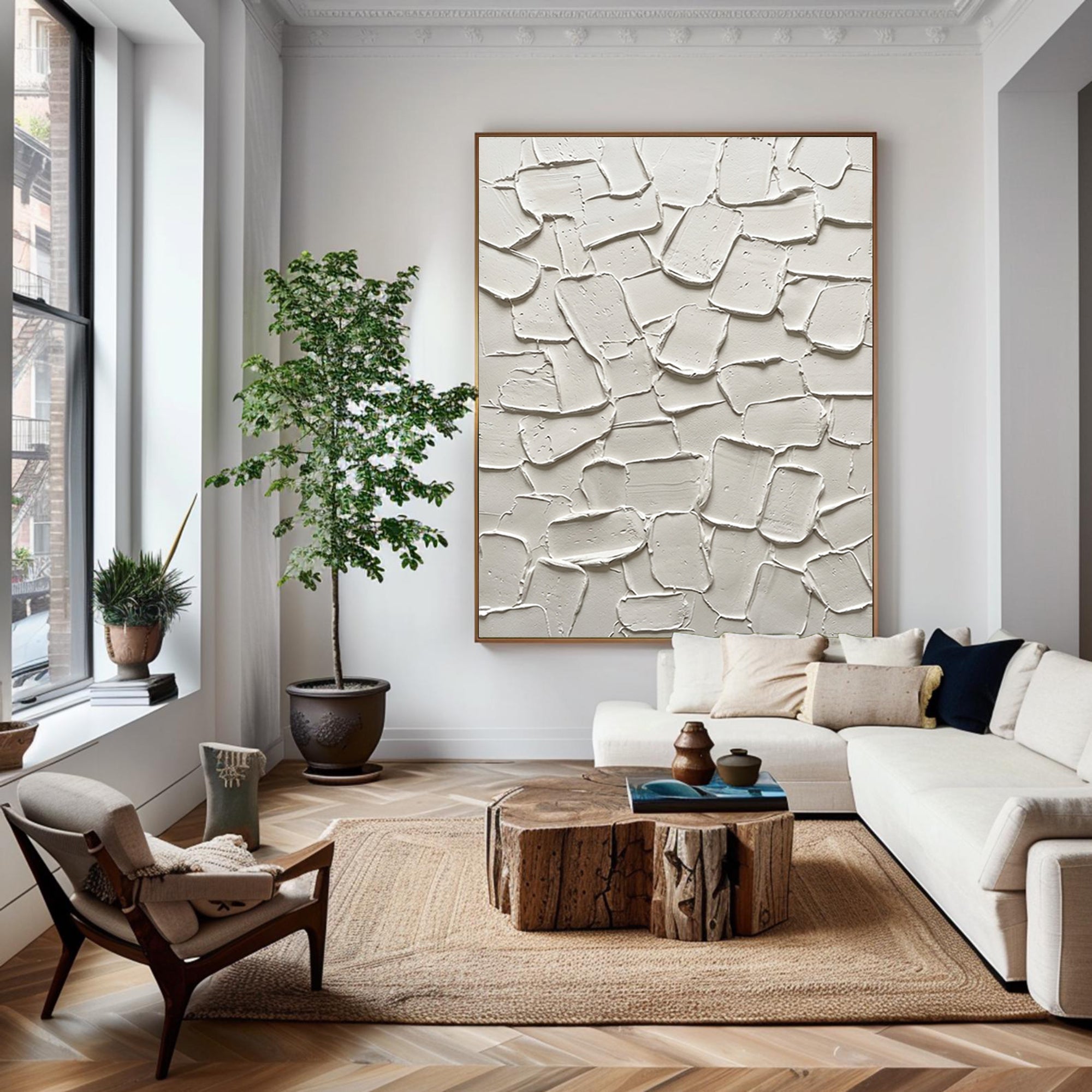 Large Modern Textured Canvas Art | Neutral Abstract Geometric Painting