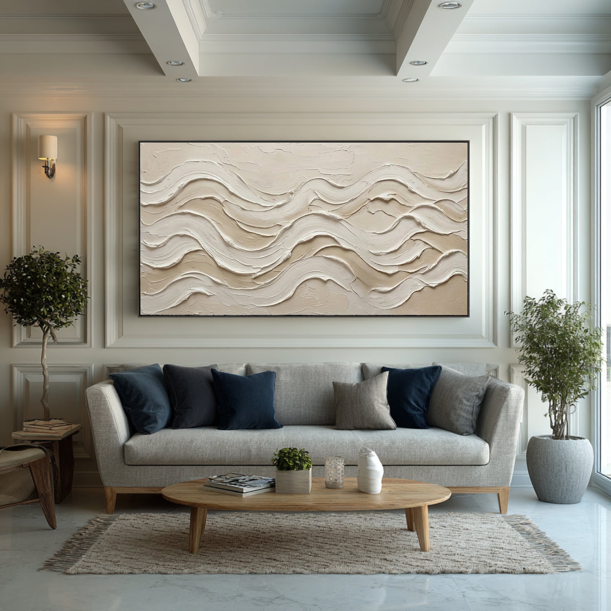 Large Textured Wave Painting Neutral Abstract Wall Art