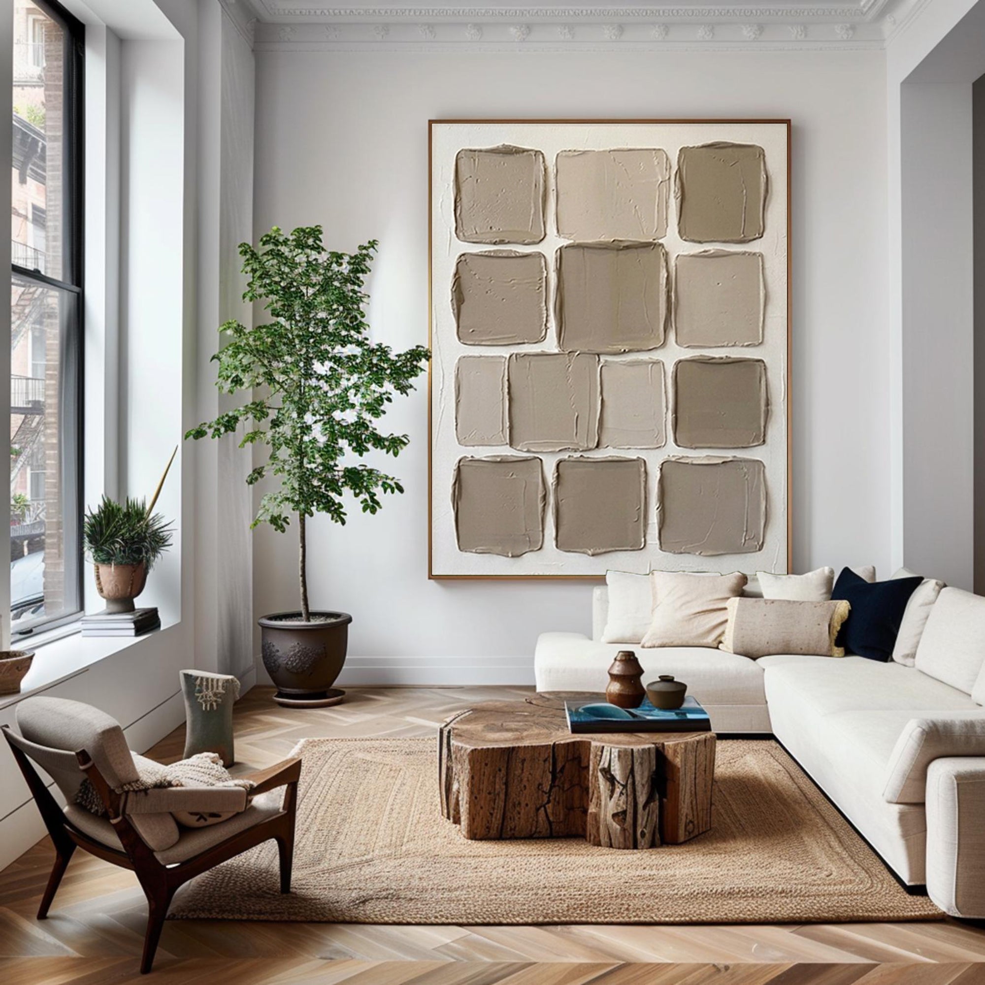 Large Neutral Grid Texture Oil Painting for Contemporary Interiors