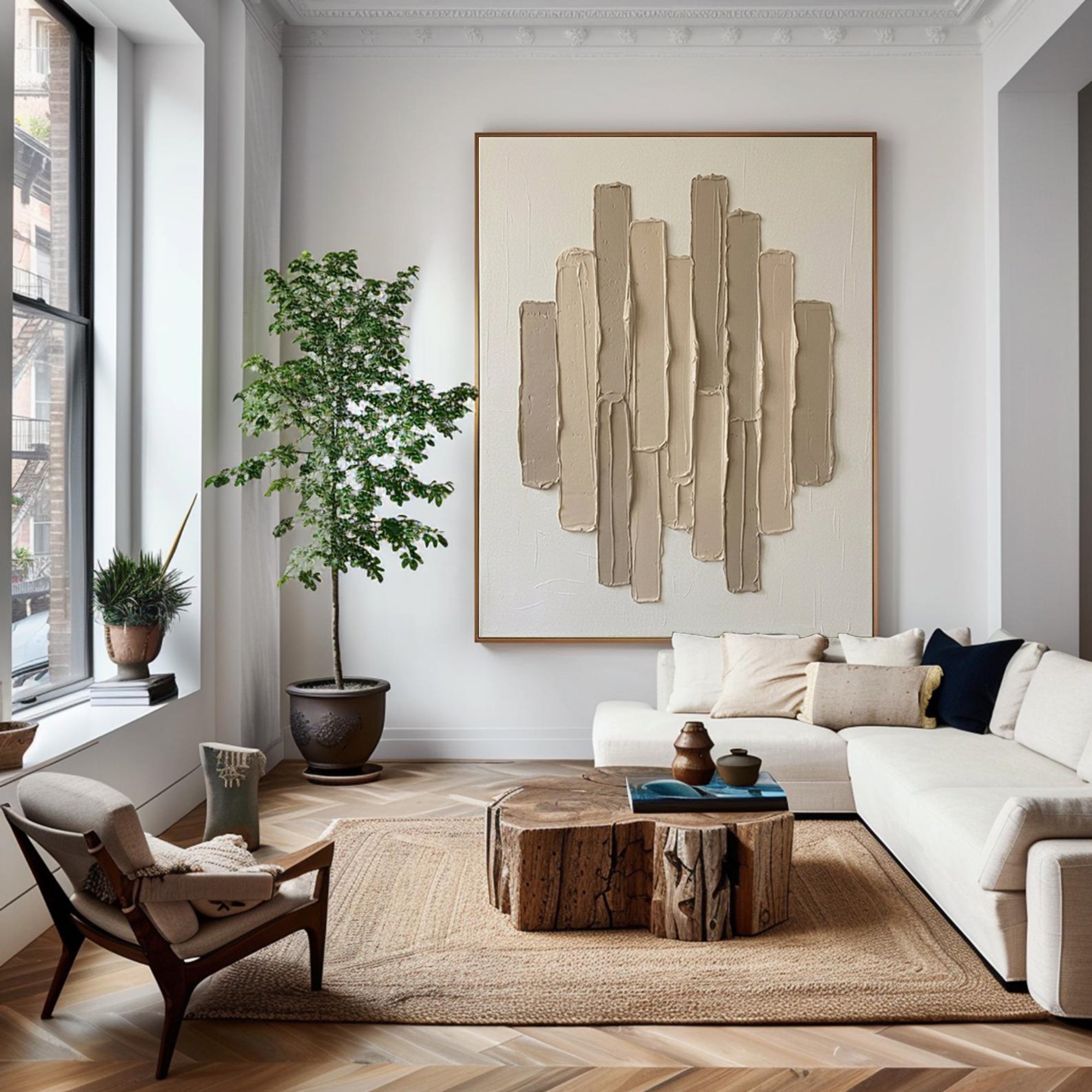 Large Neutral Vertical Textured Canvas Art Modern Minimalist Wall Decor