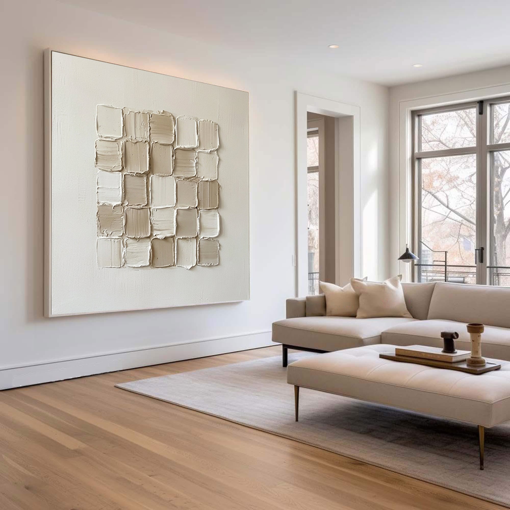 Large Geometric Textured Wall Art Contemporary Neutral Grid Canvas Painting
