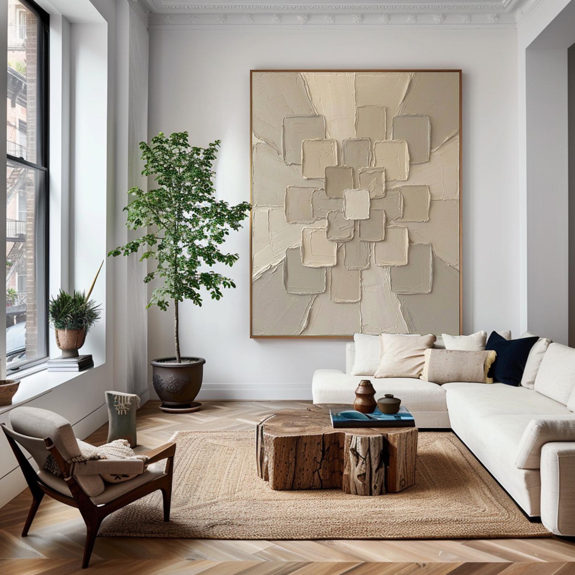 Large Neutral Geometric Textured Canvas Art Modern Sculptural Wall Decor