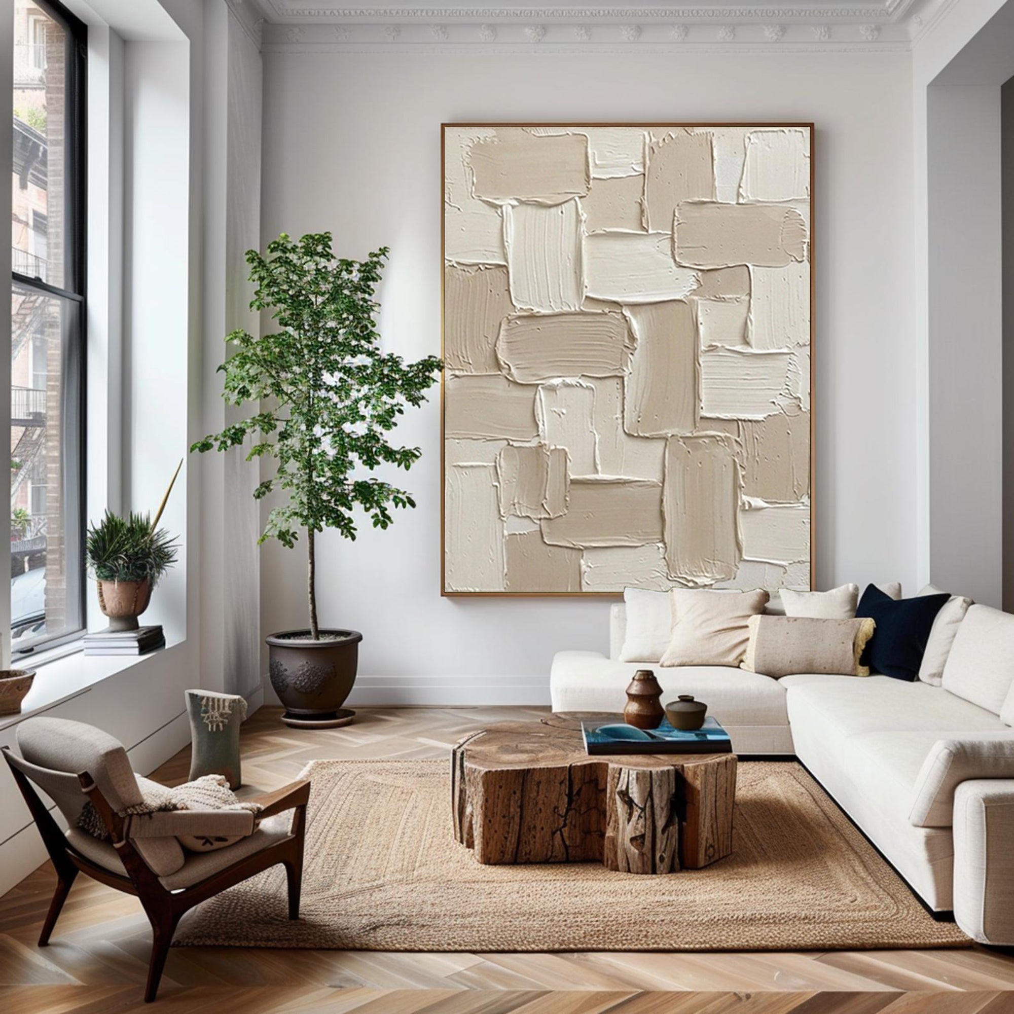 Large Minimalist Oil Painting with Contemporary Block Texture Design