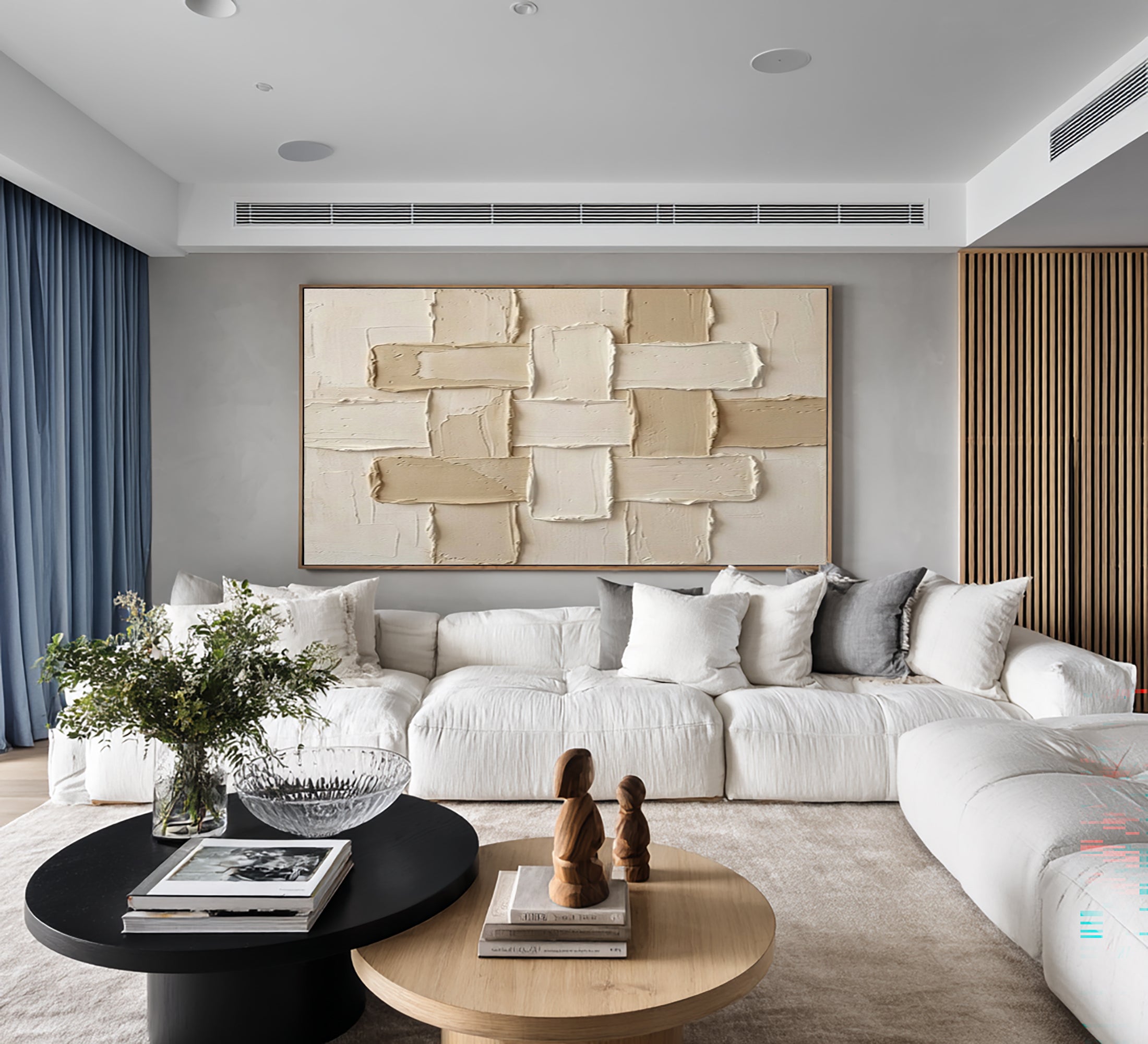 Large Neutral Woven Texture Wall Art Modern Geometric Canvas Painting