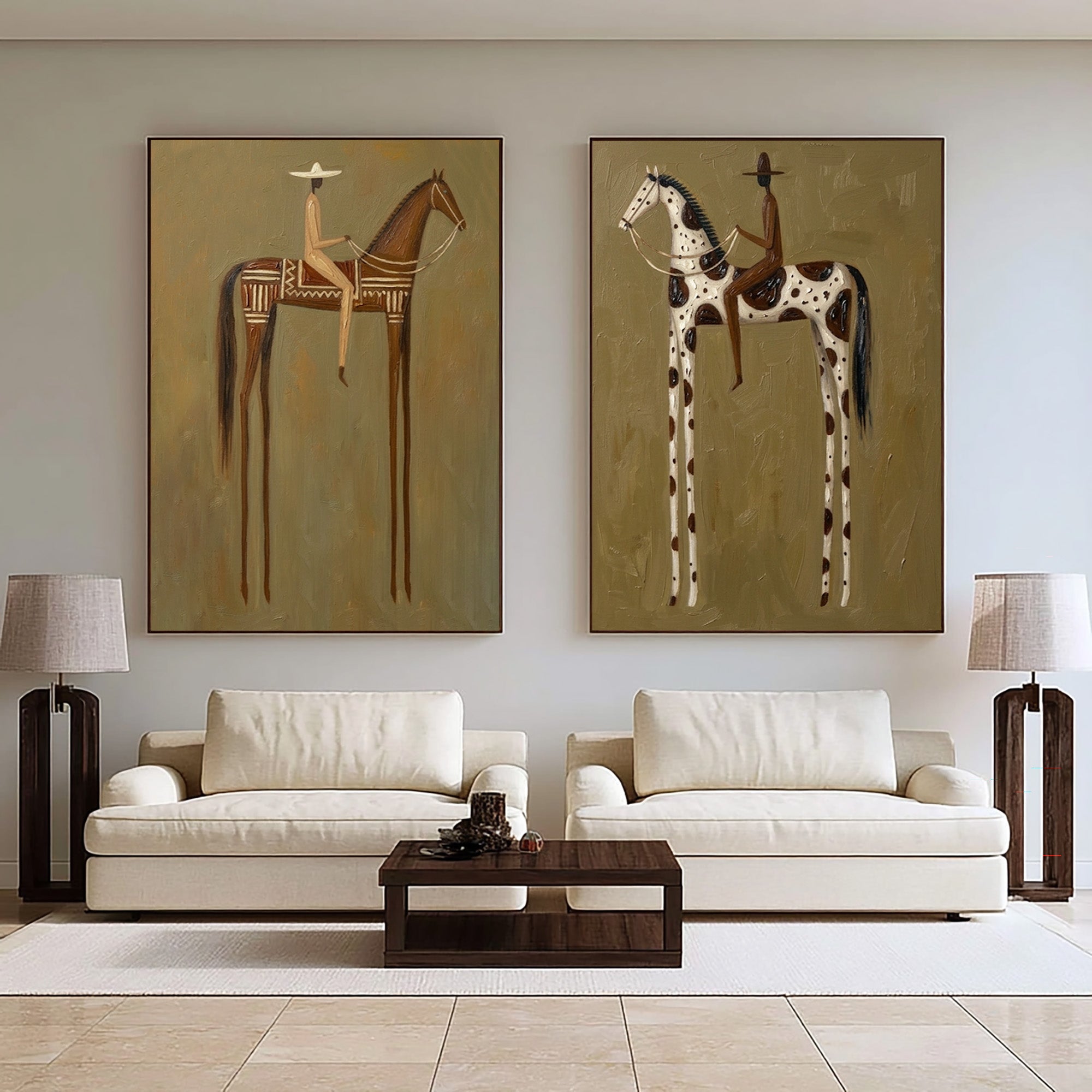 Large Contemporary Cowboy Horse Wall Art Minimalist Western Canvas Diptych