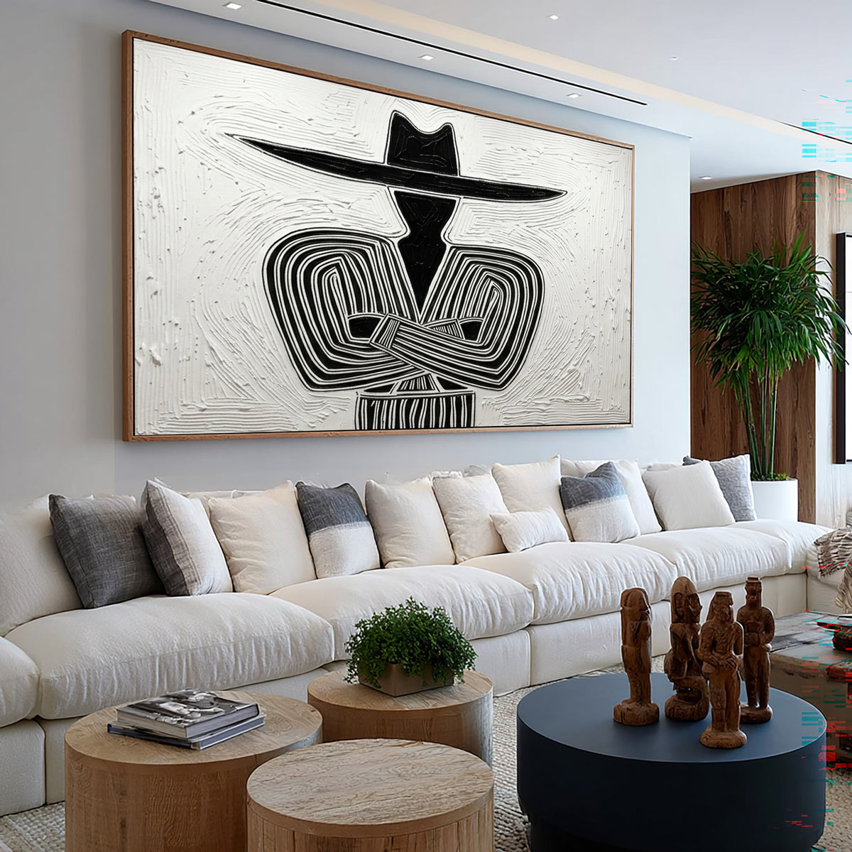 Large Textured Cowboy Portrait Minimalist Black White Western Wall Art
