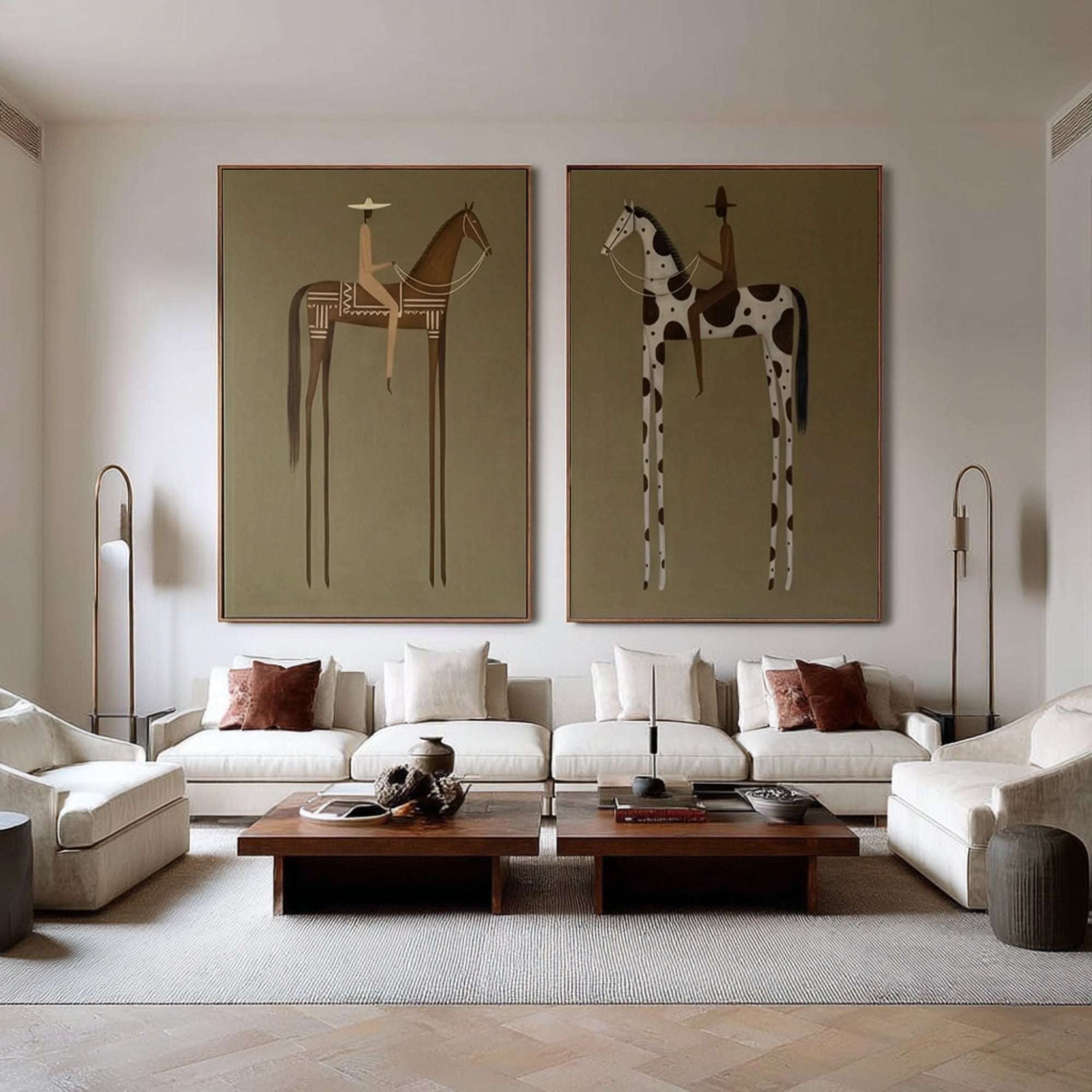 Large Equestrian Diptych Painting Modern Horse Rider Wall Art