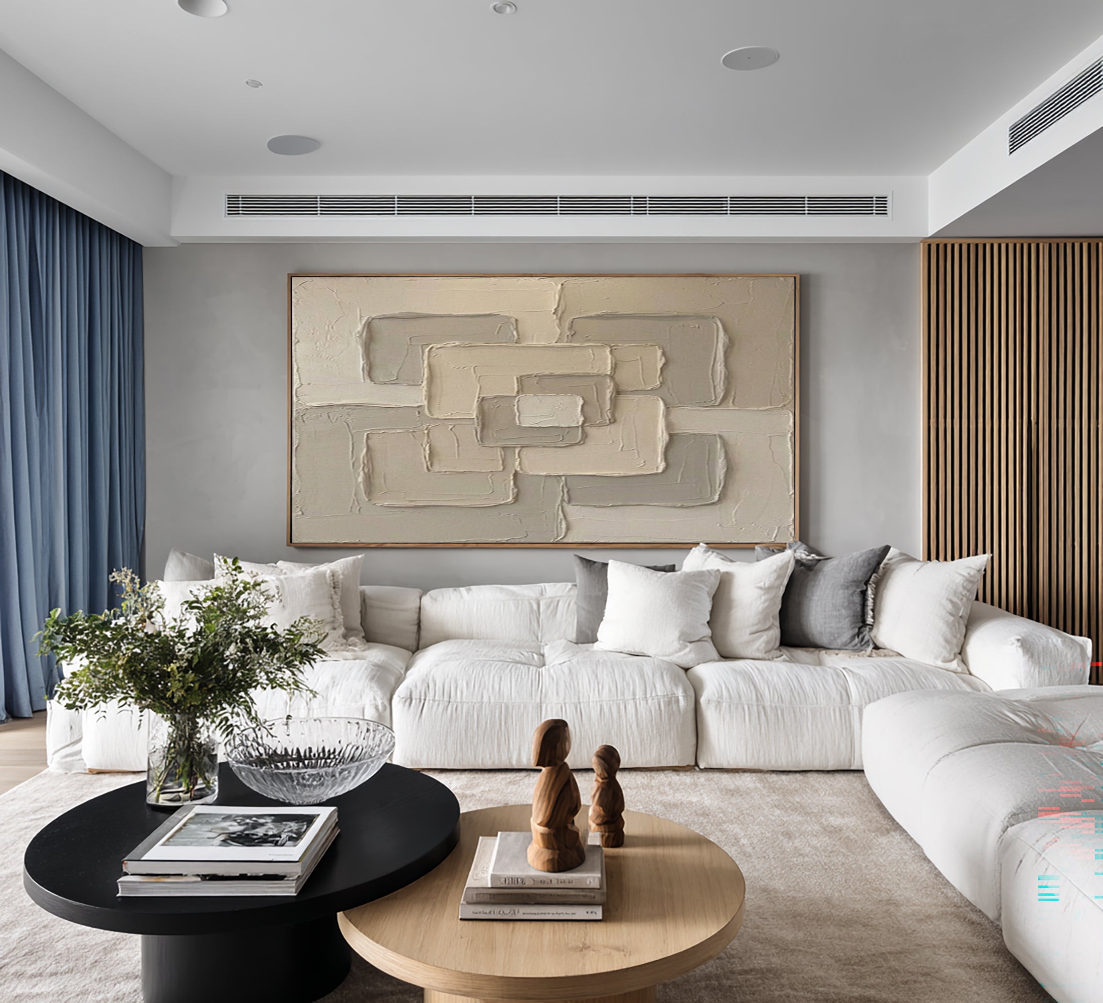 Large Neutral Interlocking Geometric Wall Art Hand Painted Textured Canvas