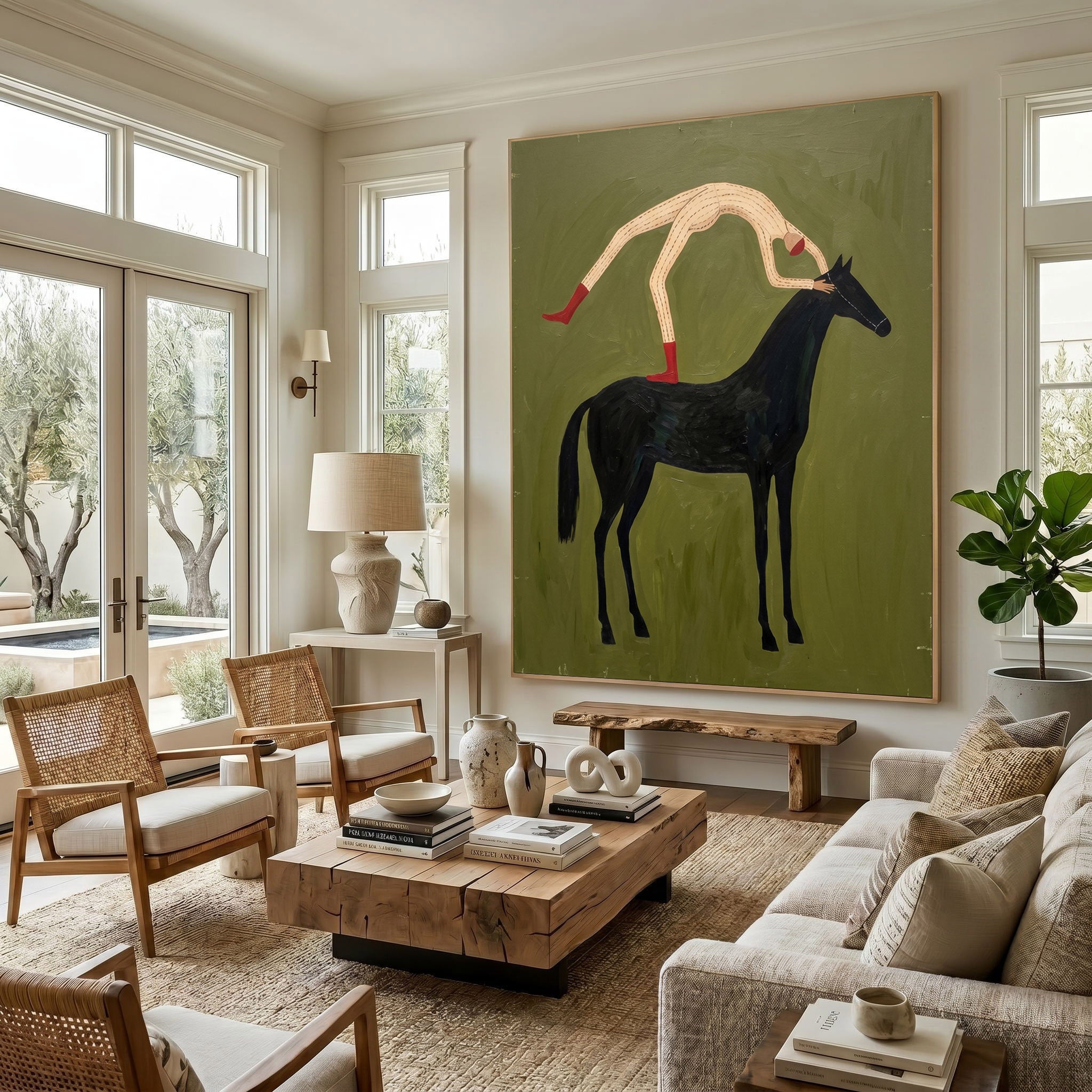 Large Cowboy Horse Wall Art Minimalist Western Oil Painting Luxury Ranch Artwork