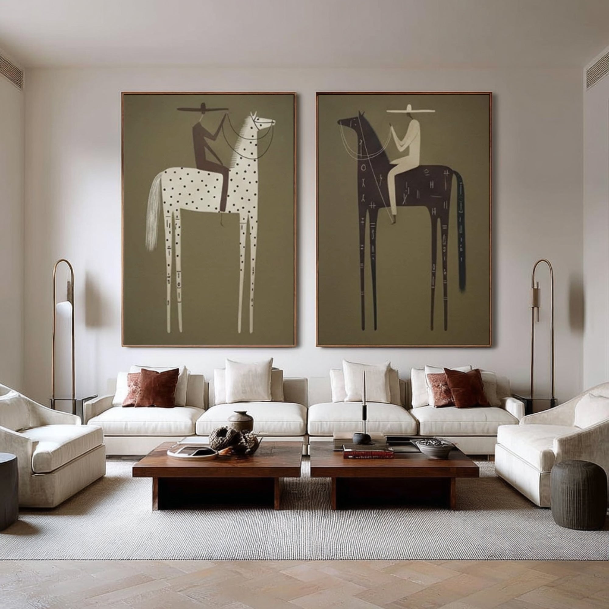 Large Tribal Horse Wall Art Contemporary Equestrian Diptych Painting