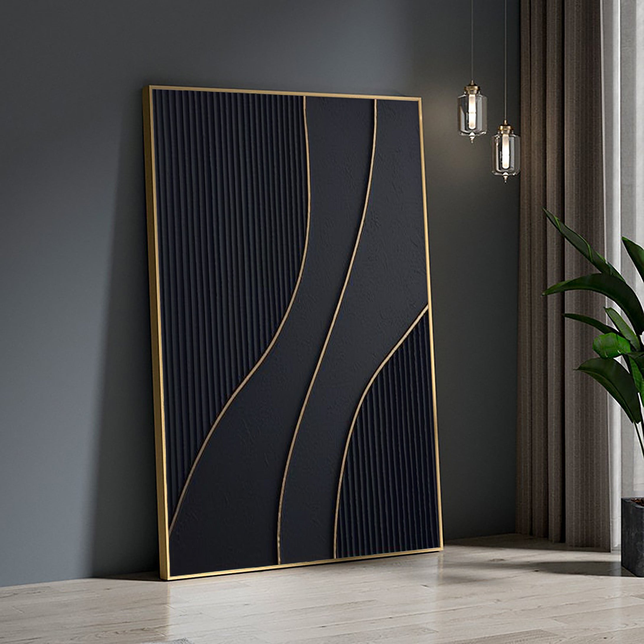 Elegant Black Wall Art with Golden Swirls | Luxurious & Modern #BBA 095