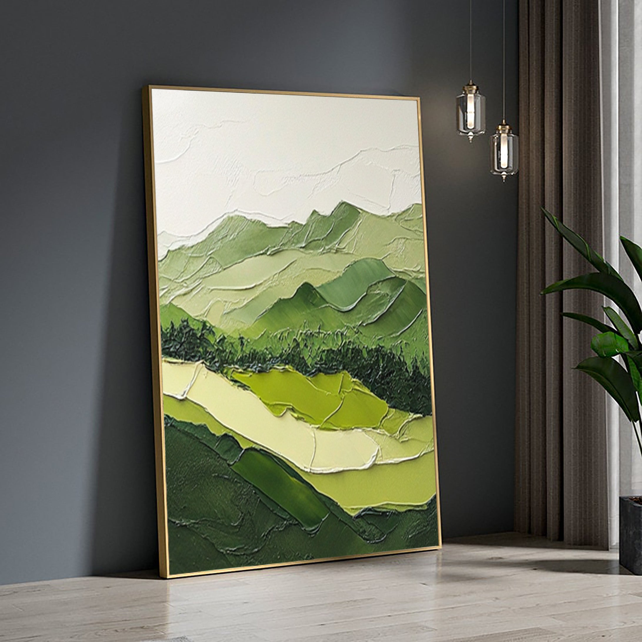 Nature Meets Modern Design Green Mountain Oil Painting for Stylish Interiors #BGM 054