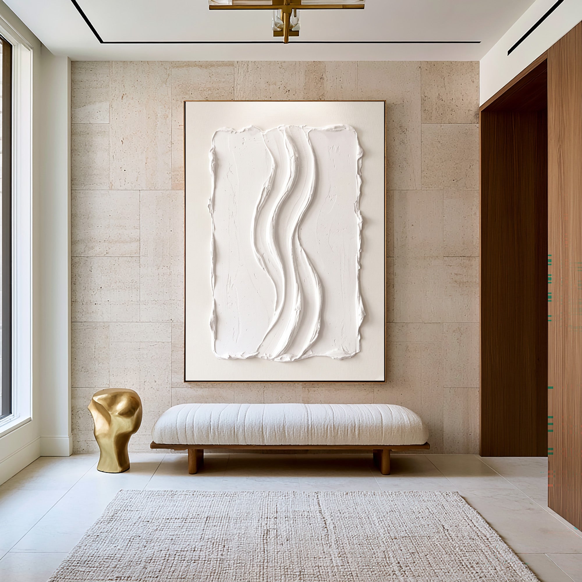 Large White Textured Wall Art Abstract Oil Painting Vertical Flow Sculpture Minimalist Modern Contemporary Interior Decor