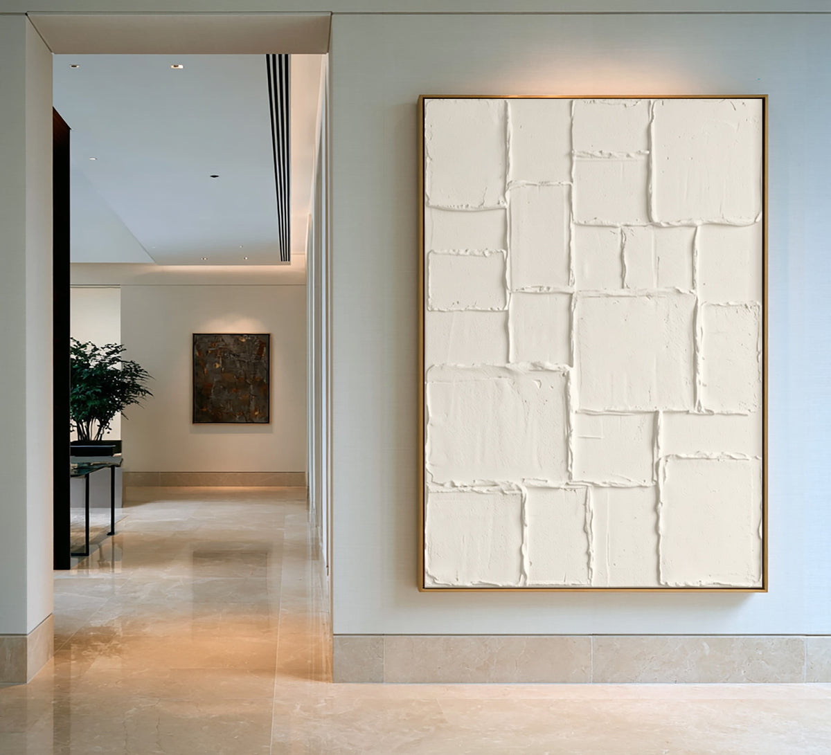 Large Neutral Geometric Patchwork Relief Wall Art Ivory Cream Abstract Oil Painting Raised Rectangular Blocks Textured Sculptural Artwork Modern Minimalist Luxury Home Decor